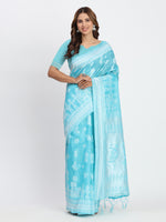 Sky Blue Linen Cotton Woven Designer Graceful Ethnic Saree