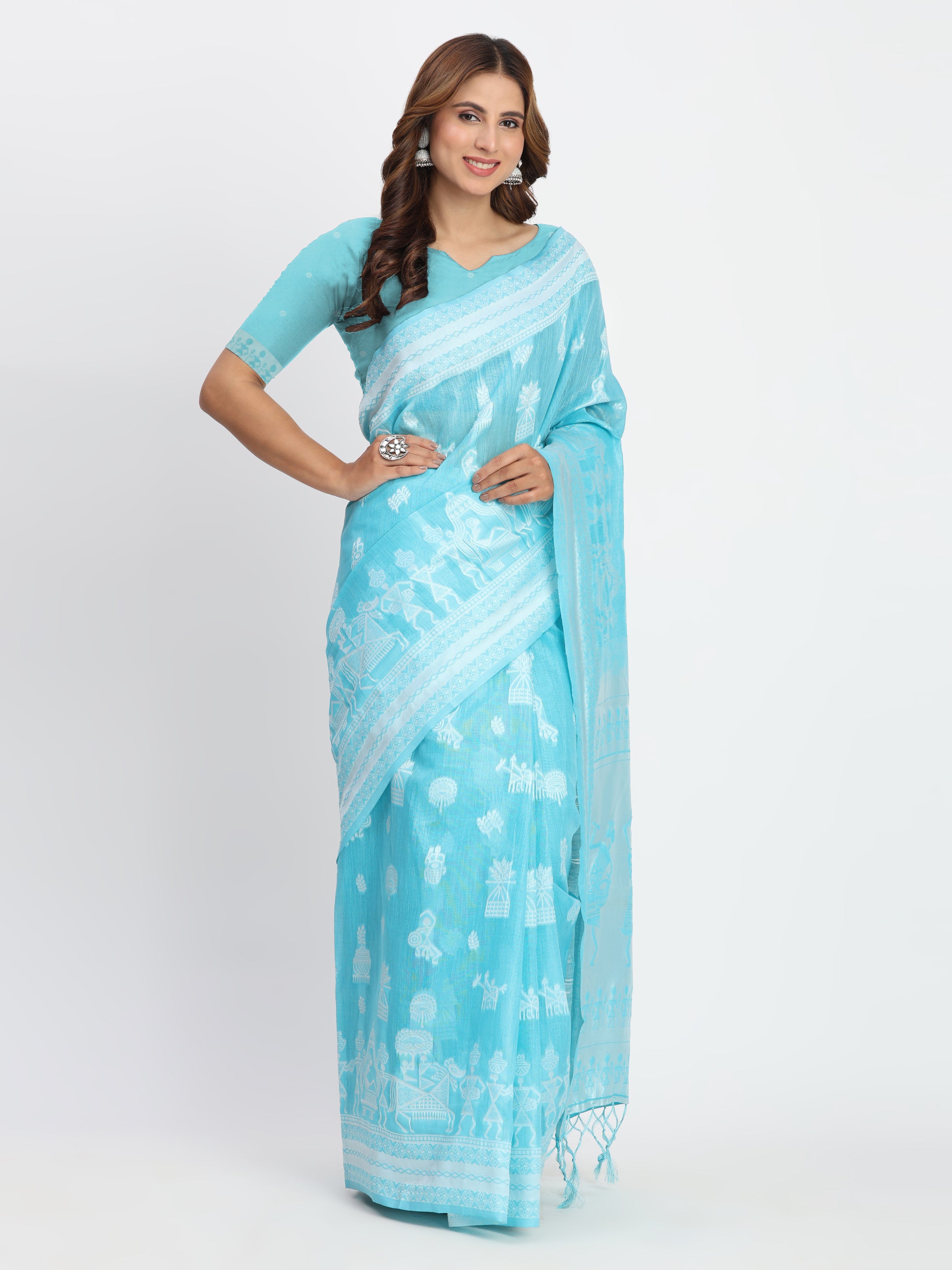 Sky Blue Linen Cotton Woven Designer Graceful Ethnic Saree