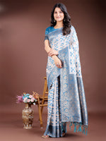 Sky Blue Linen Cotton Woven Jacquard Designer Beautiful Festive Saree