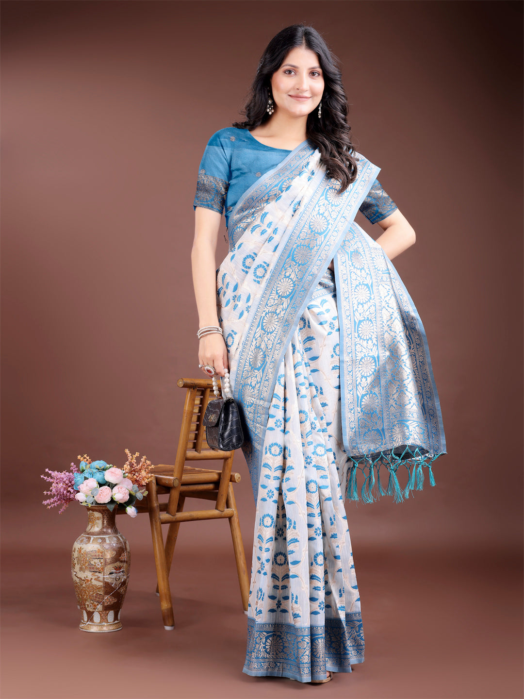 Sky Blue Linen Cotton Woven Jacquard Designer Beautiful Festive Saree