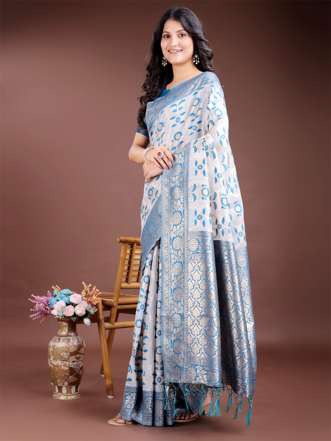 Sky Blue Linen Cotton Woven Jacquard Designer Beautiful Festive Saree