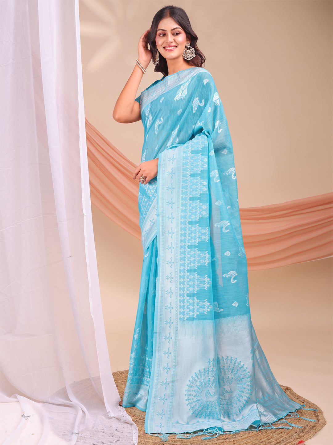 Sky Blue Linen Cotton Woven Jacquard Designer Beautiful Partywear Saree