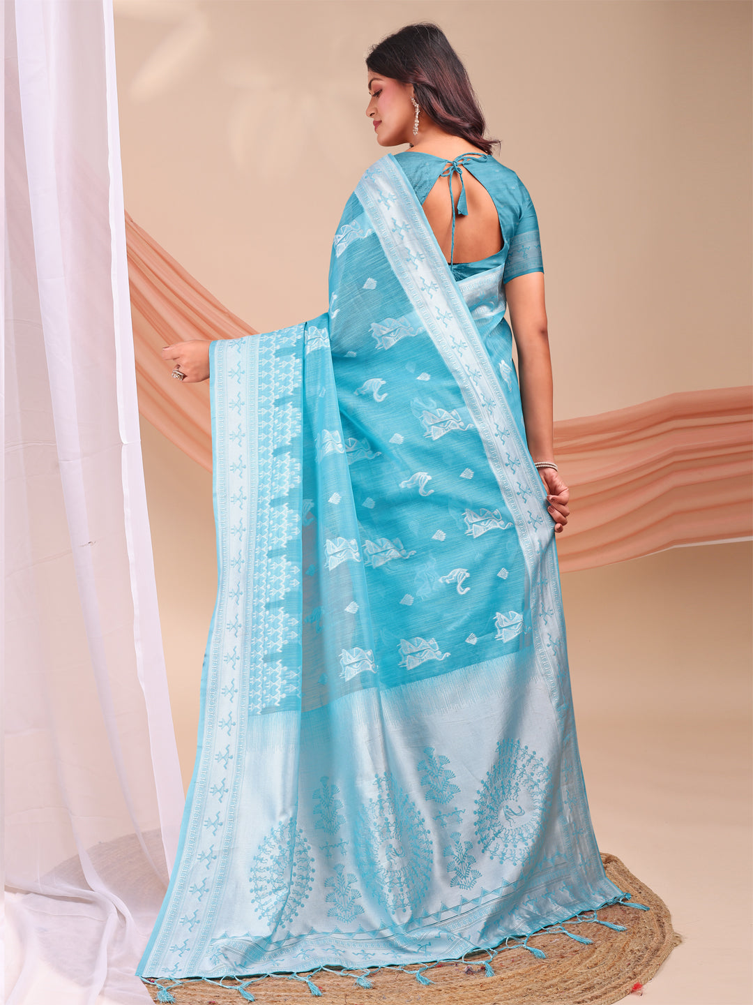 Sky Blue Linen Cotton Woven Jacquard Designer Beautiful Partywear Saree