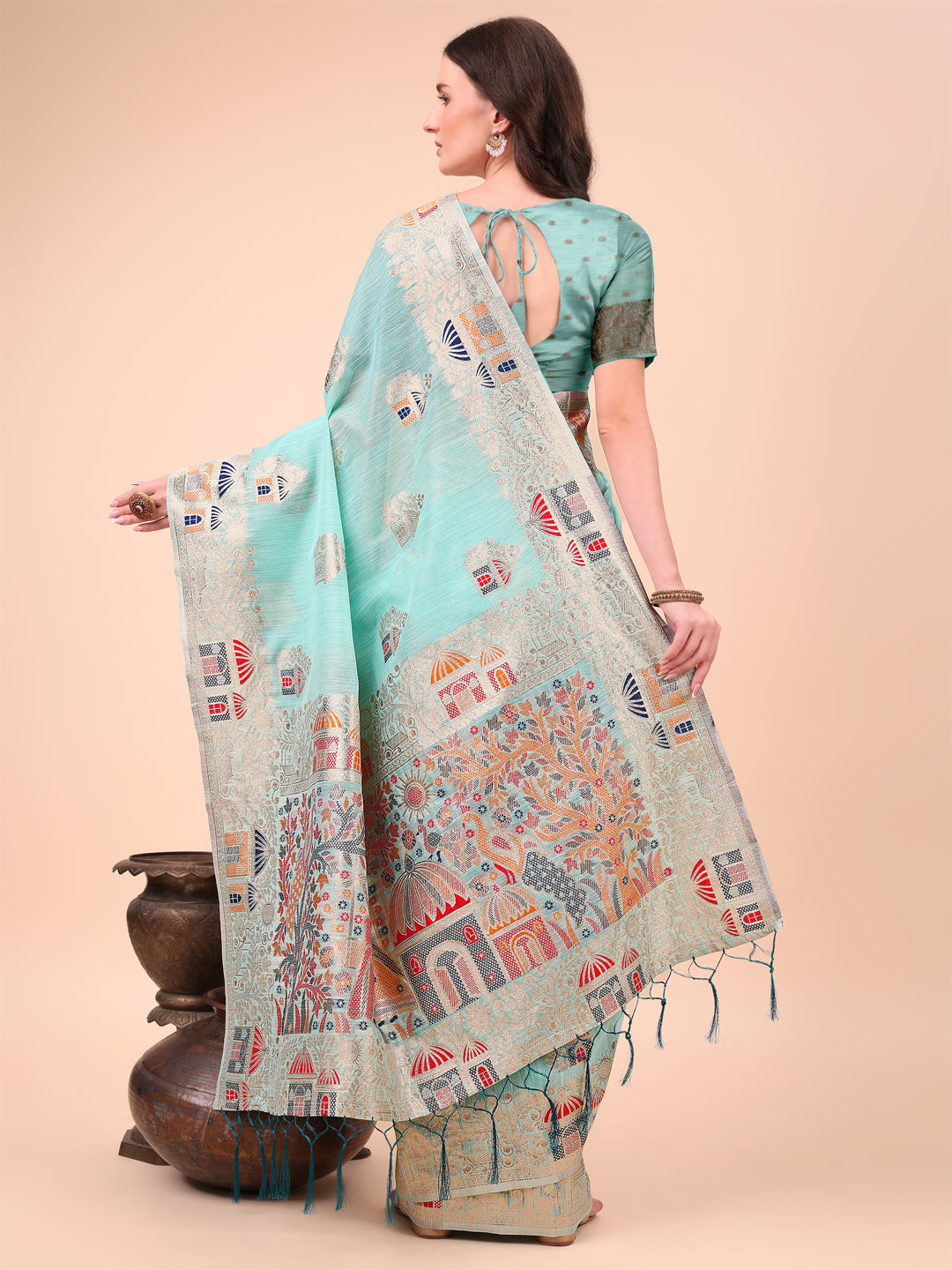 Sky Blue Linen Cotton Woven Jacquard Designer Ethnic Festive Wear Saree