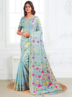 Sky Blue Linen Cotton Woven Jacquard Designer Fancy Saree