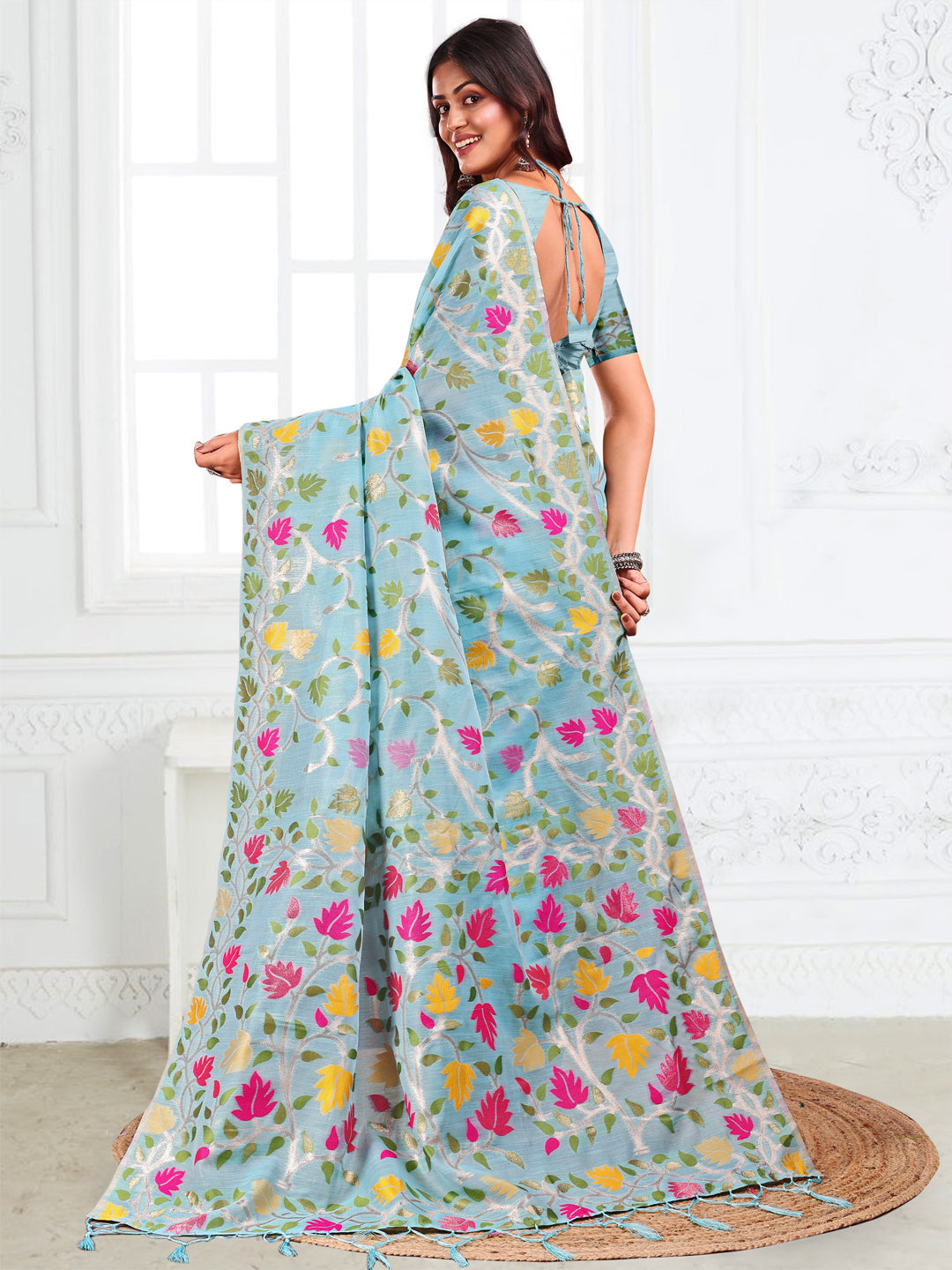 Sky Blue Linen Cotton Woven Jacquard Designer Fancy Saree