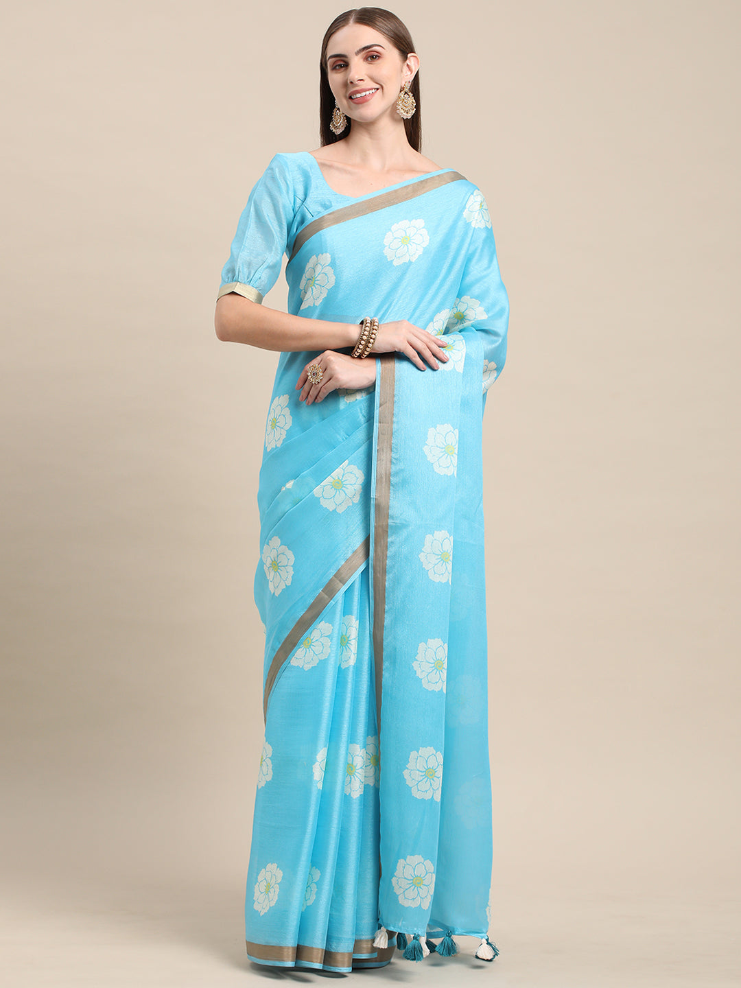 Sky Blue Linen Printed Office Wear Saree