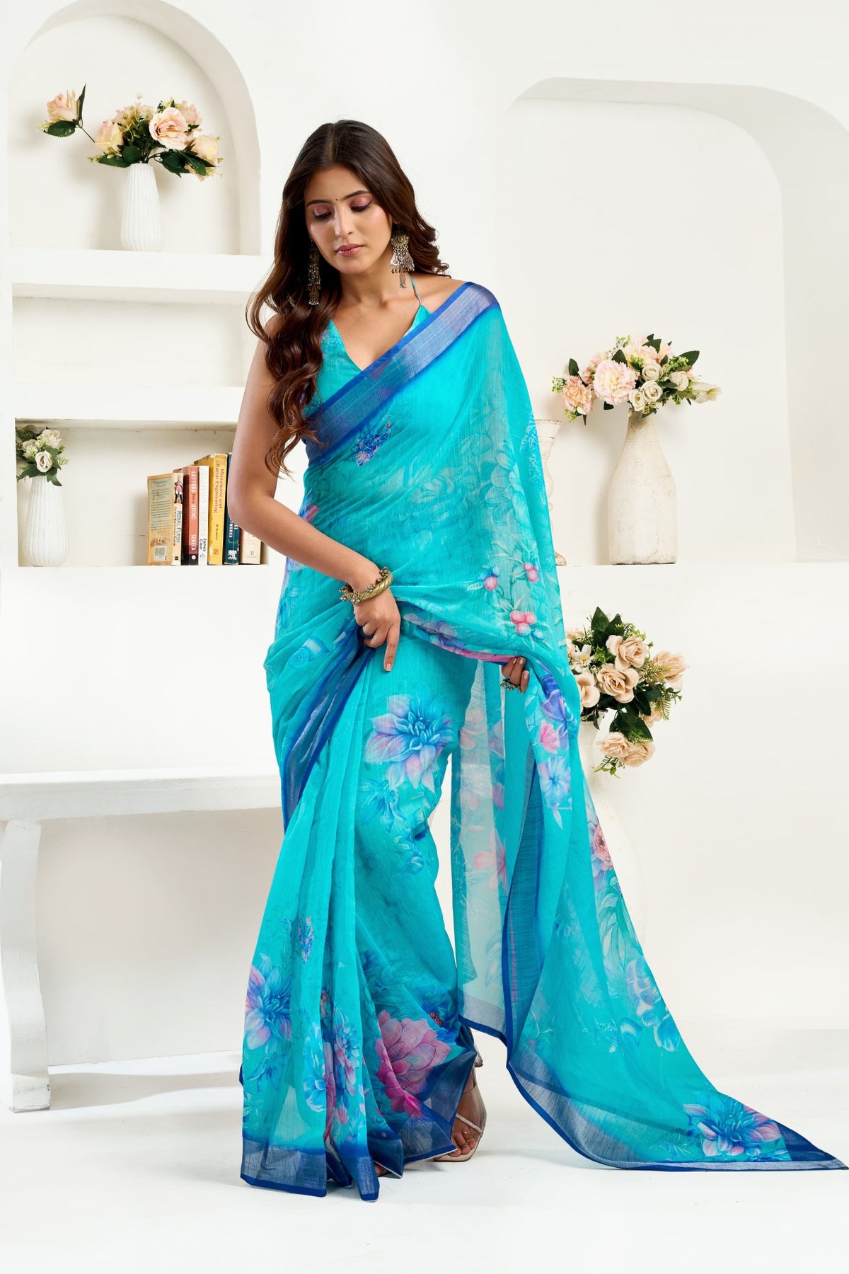 Sky Blue Linen Ready To Wear Saree With Zari Border Printed
