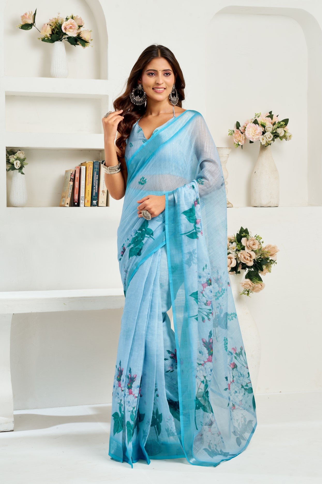 Sky Blue Linen Ready To Wear Saree With Zari Border Printed