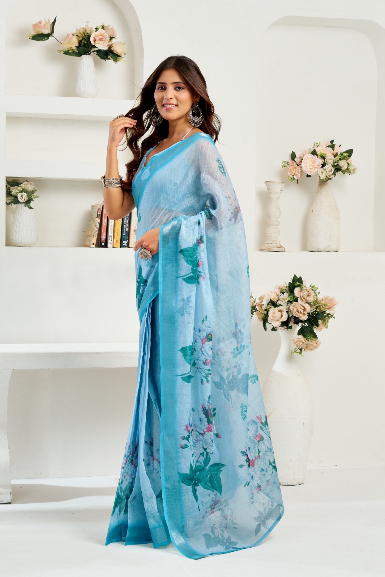 Sky Blue Linen Ready To Wear Saree With Zari Border Printed