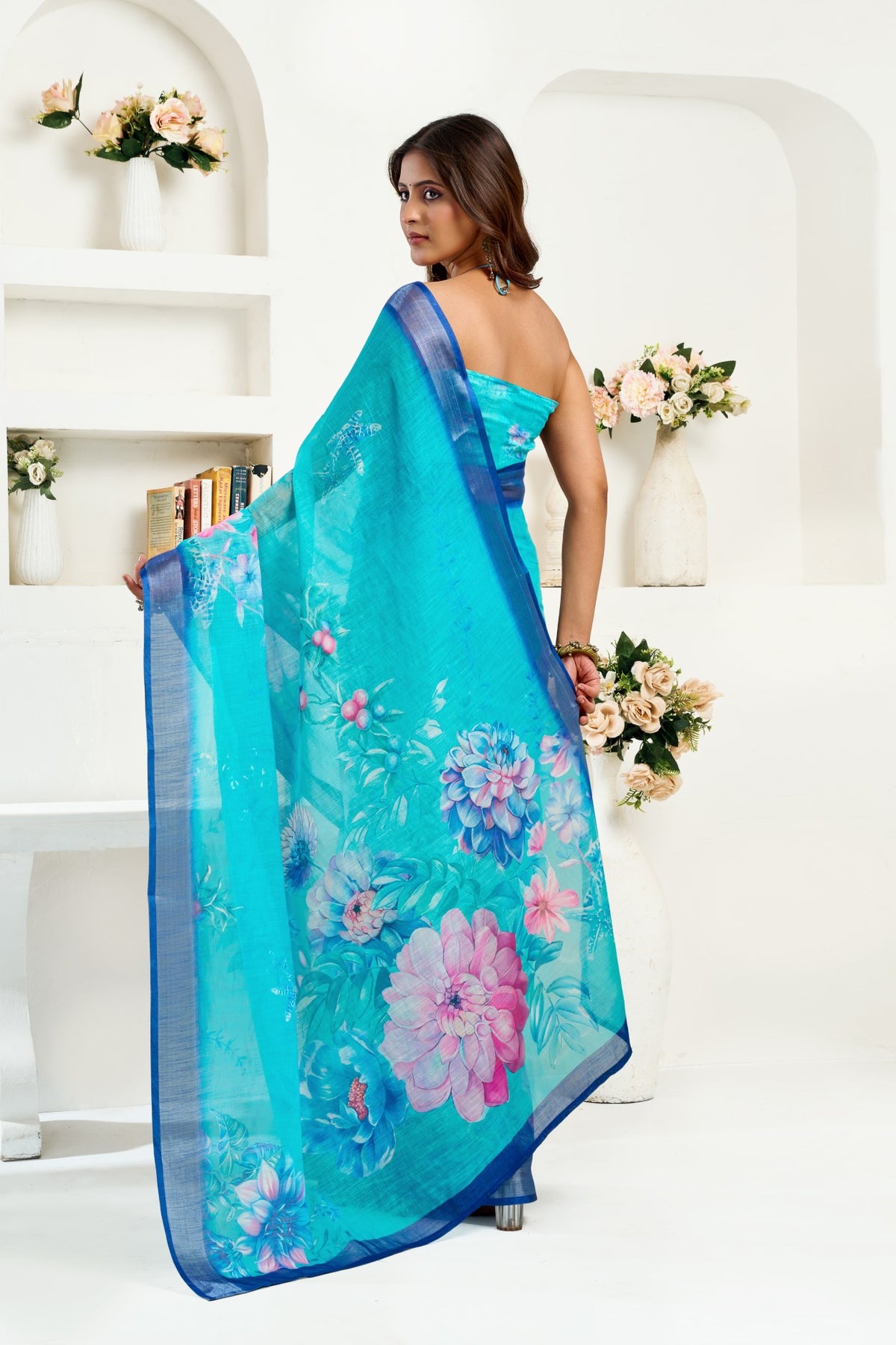 Sky Blue Linen Ready To Wear Saree With Zari Border Printed