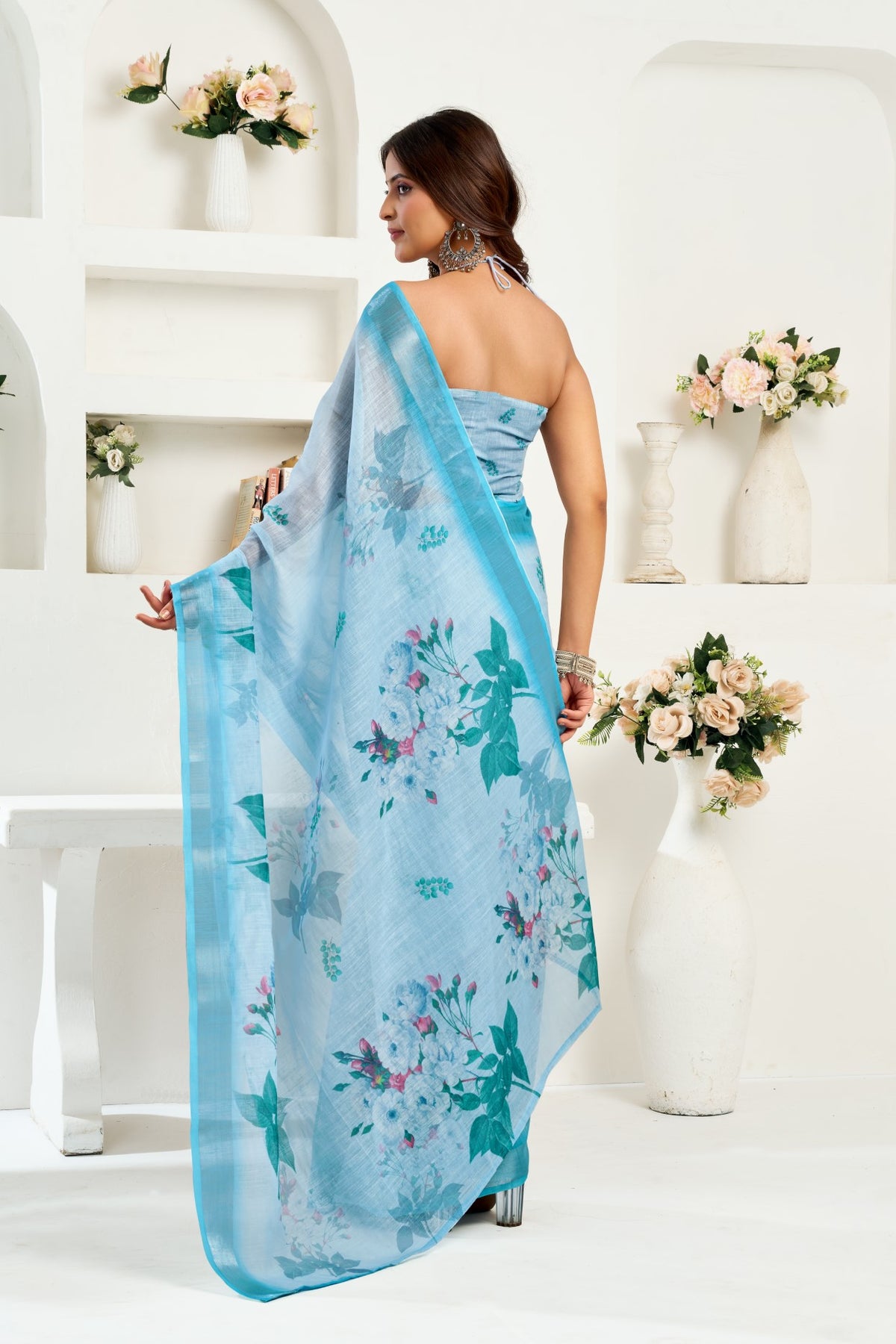 Sky Blue Linen Ready To Wear Saree With Zari Border Printed