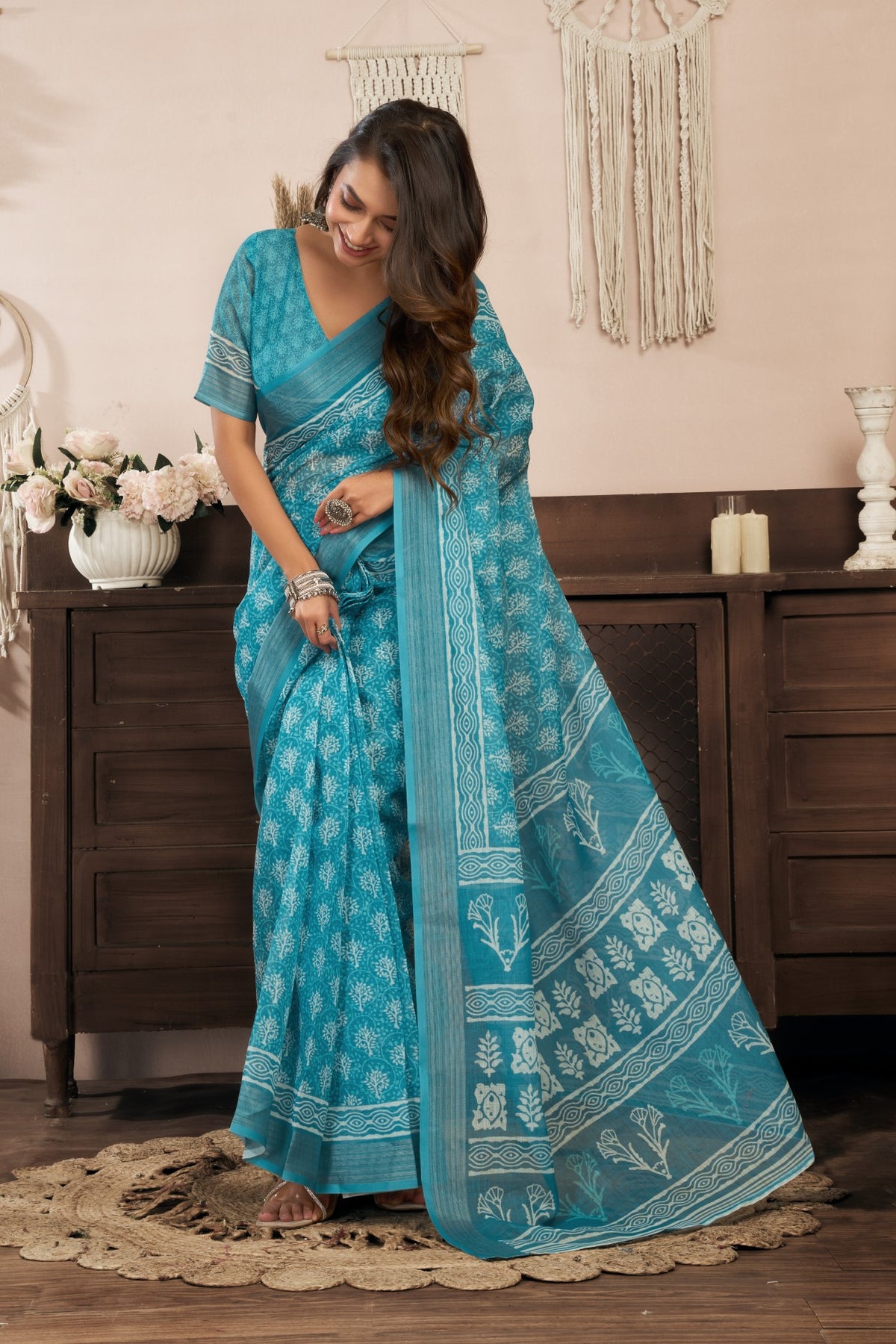 Sky Blue Linen Ready To Wear Saree With Zari Border Printed