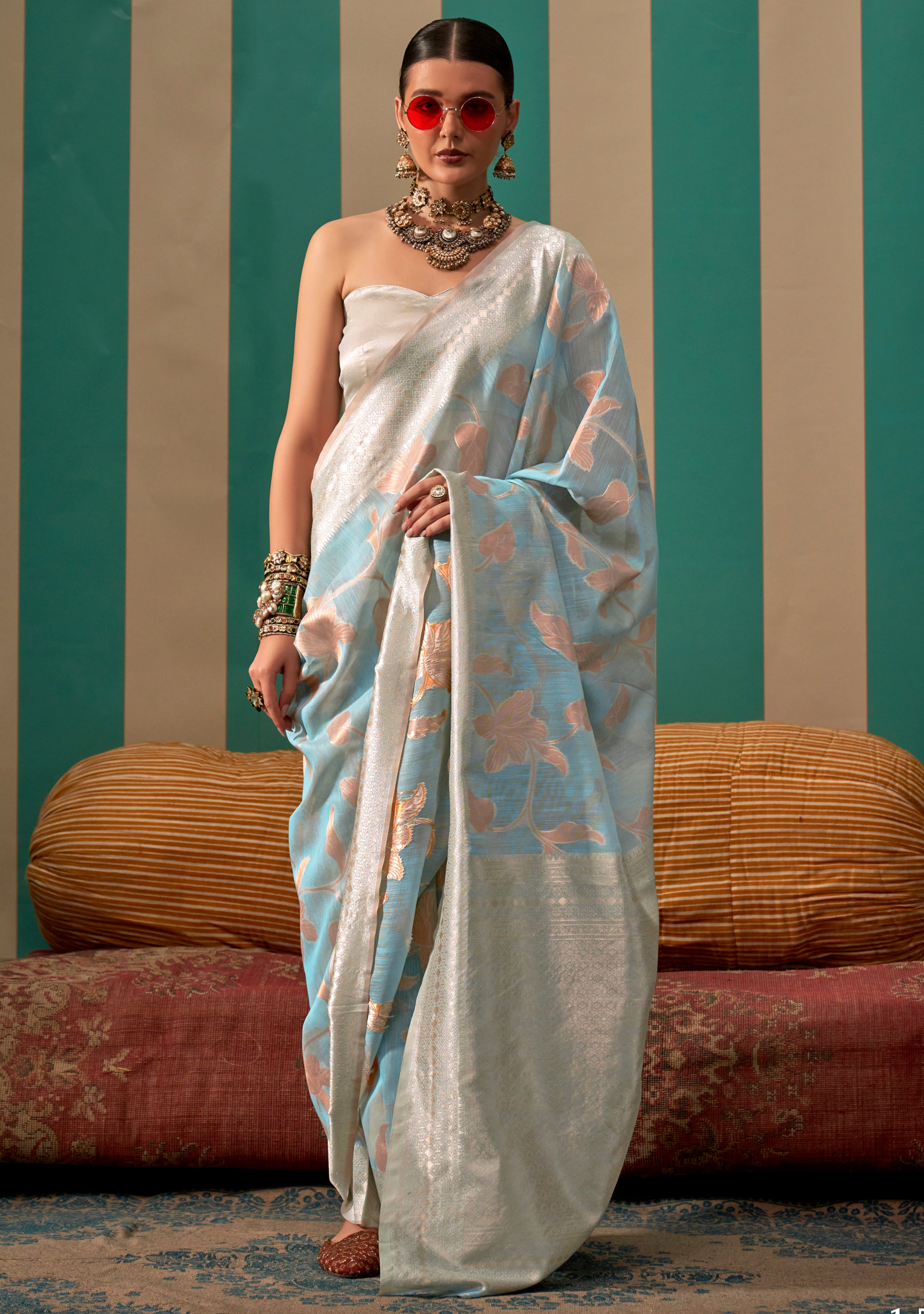 Sky Blue Linen Saree With  Jacquard Woven Work