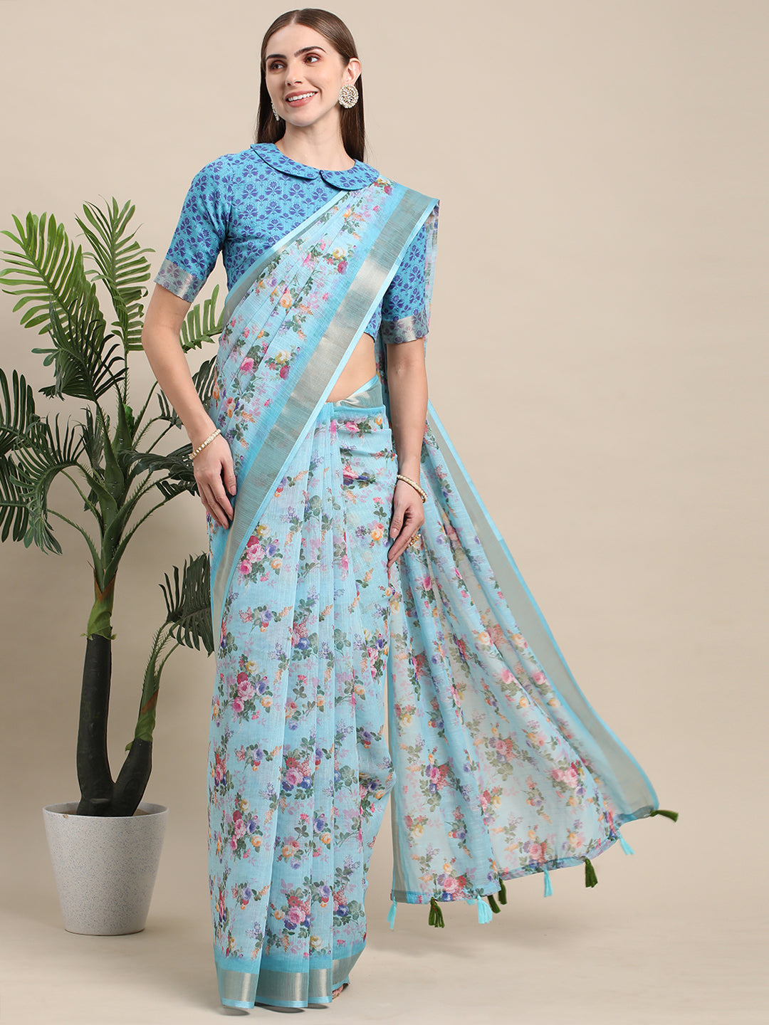 Sky Blue Linen Soft Printed Designer Saree