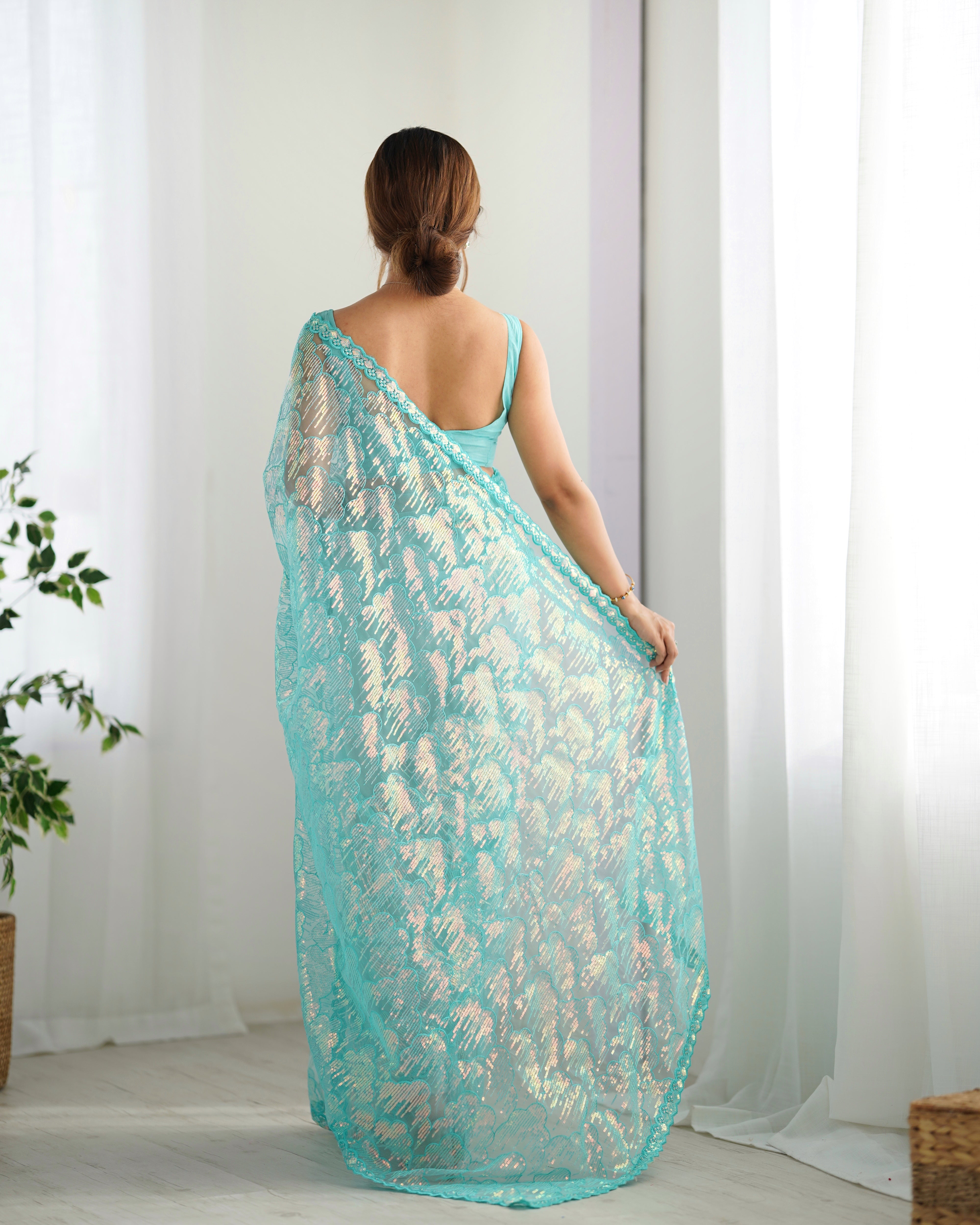 Sky Blue Mono Net Beautiful Bollywood Saree With Designer Sequins Work
