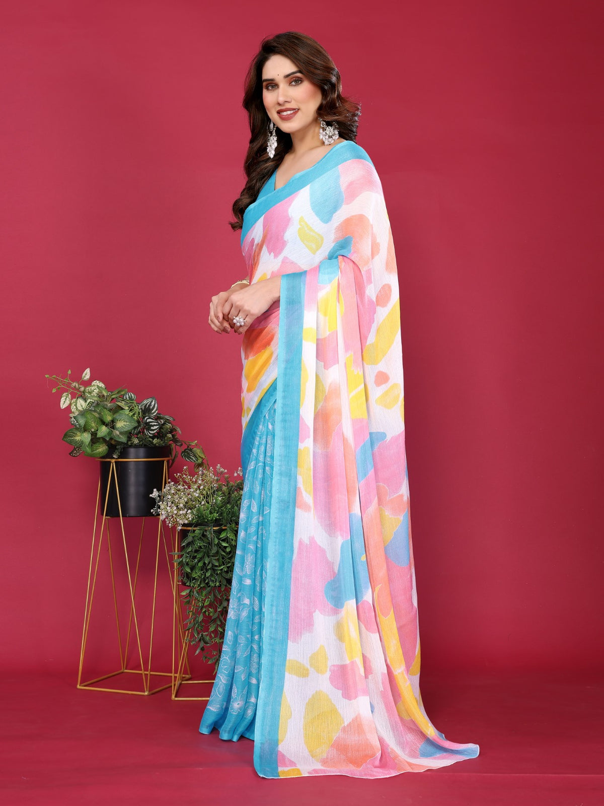 Sky Blue Moss Chiffon Saree With Elegant Printed Design