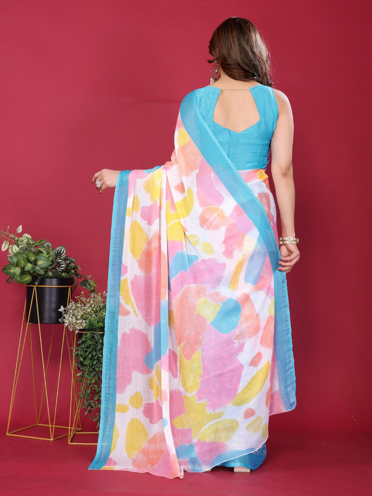 Sky Blue Moss Chiffon Saree With Elegant Printed Design