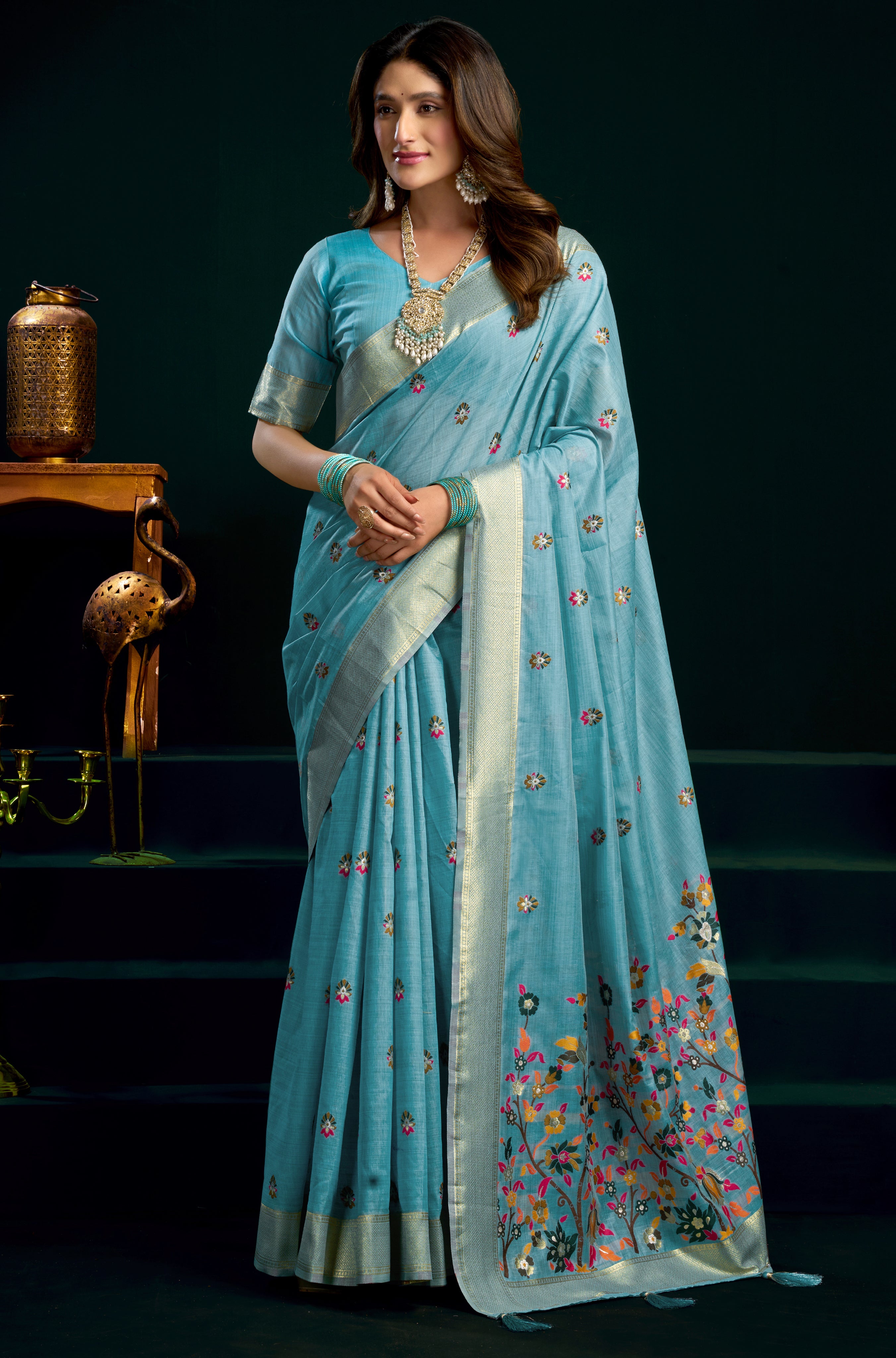 Sky Blue Munga Cotton Saree with Elegant Mina Jari Border Work