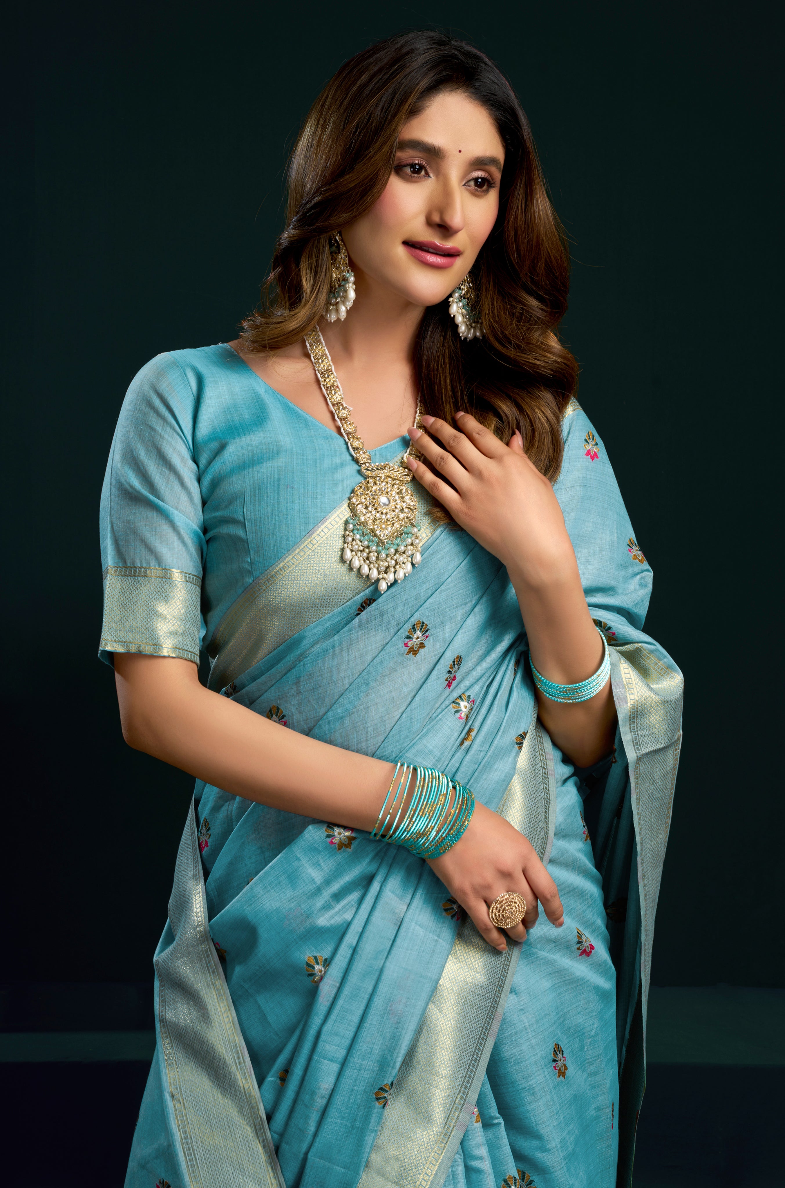 Sky Blue Munga Cotton Saree with Elegant Mina Jari Border Work