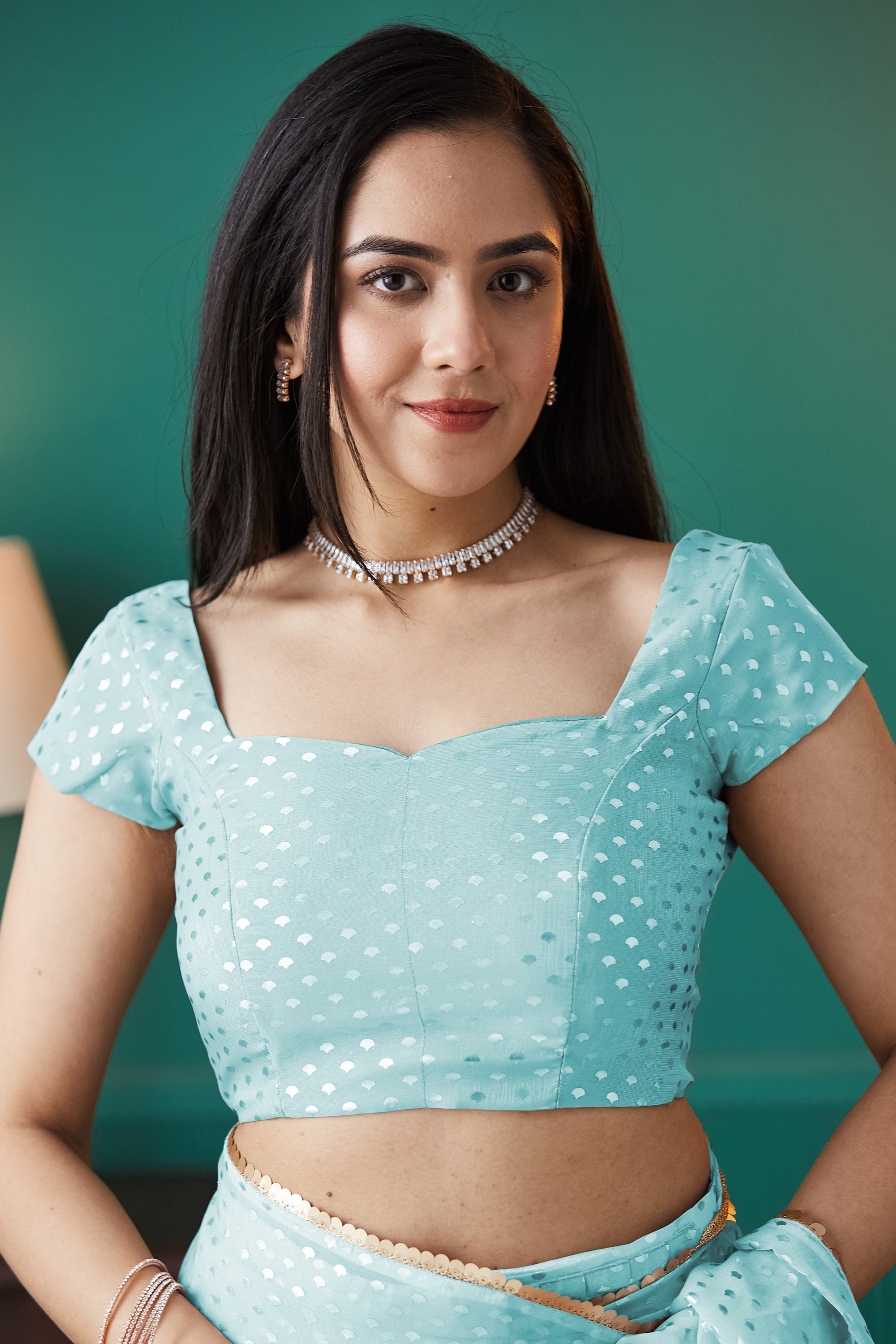 Sky Blue Organza Designer Foil Printed Ready To Wear Saree