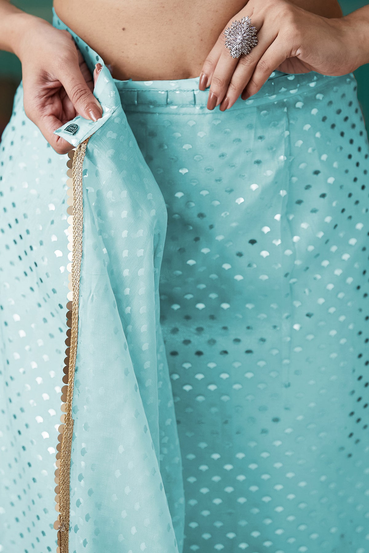 Sky Blue Organza Designer Foil Printed Ready To Wear Saree