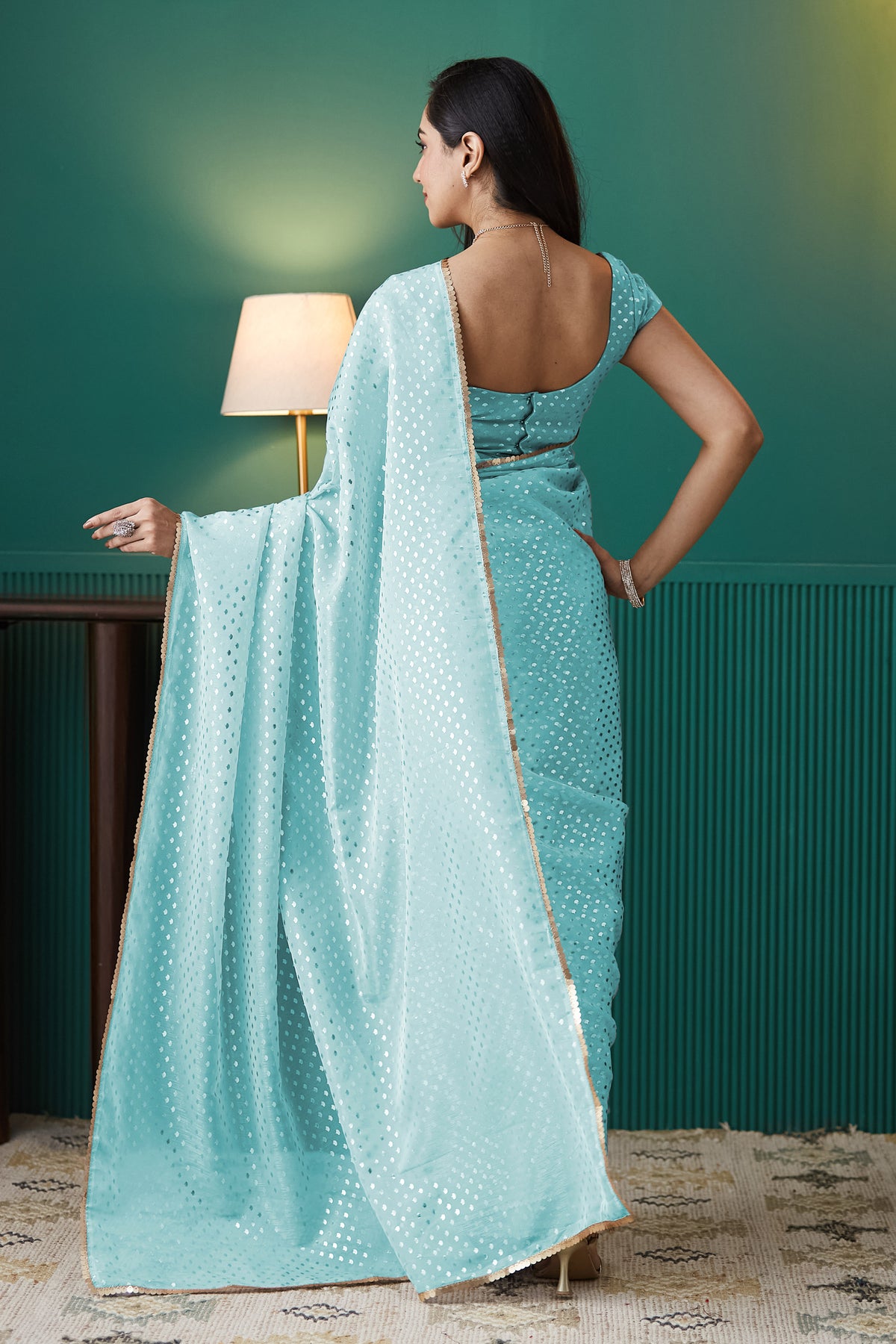 Sky Blue Organza Designer Foil Printed Ready To Wear Saree