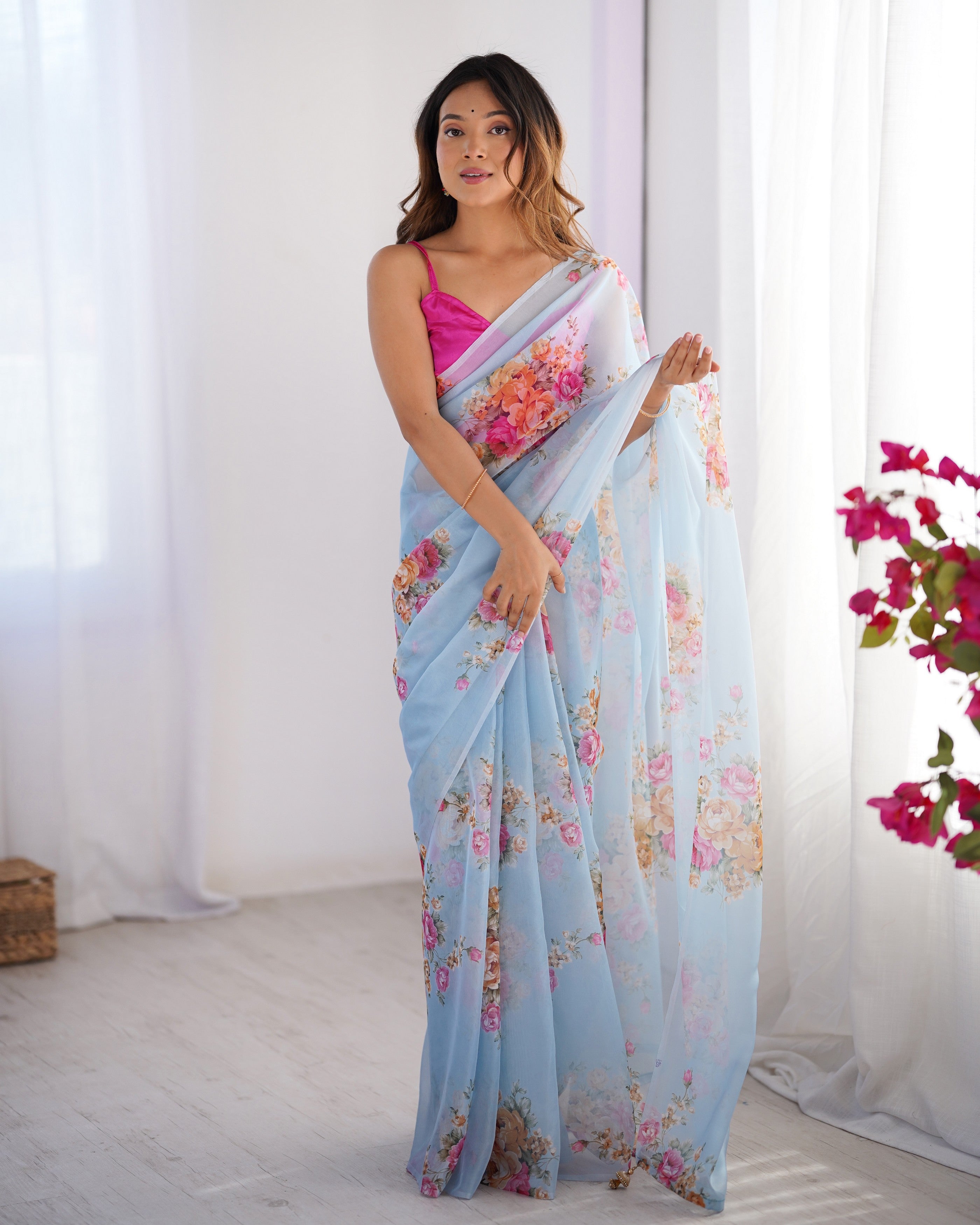 Sky Blue Organza Designer Printed Fancy Partywear Saree