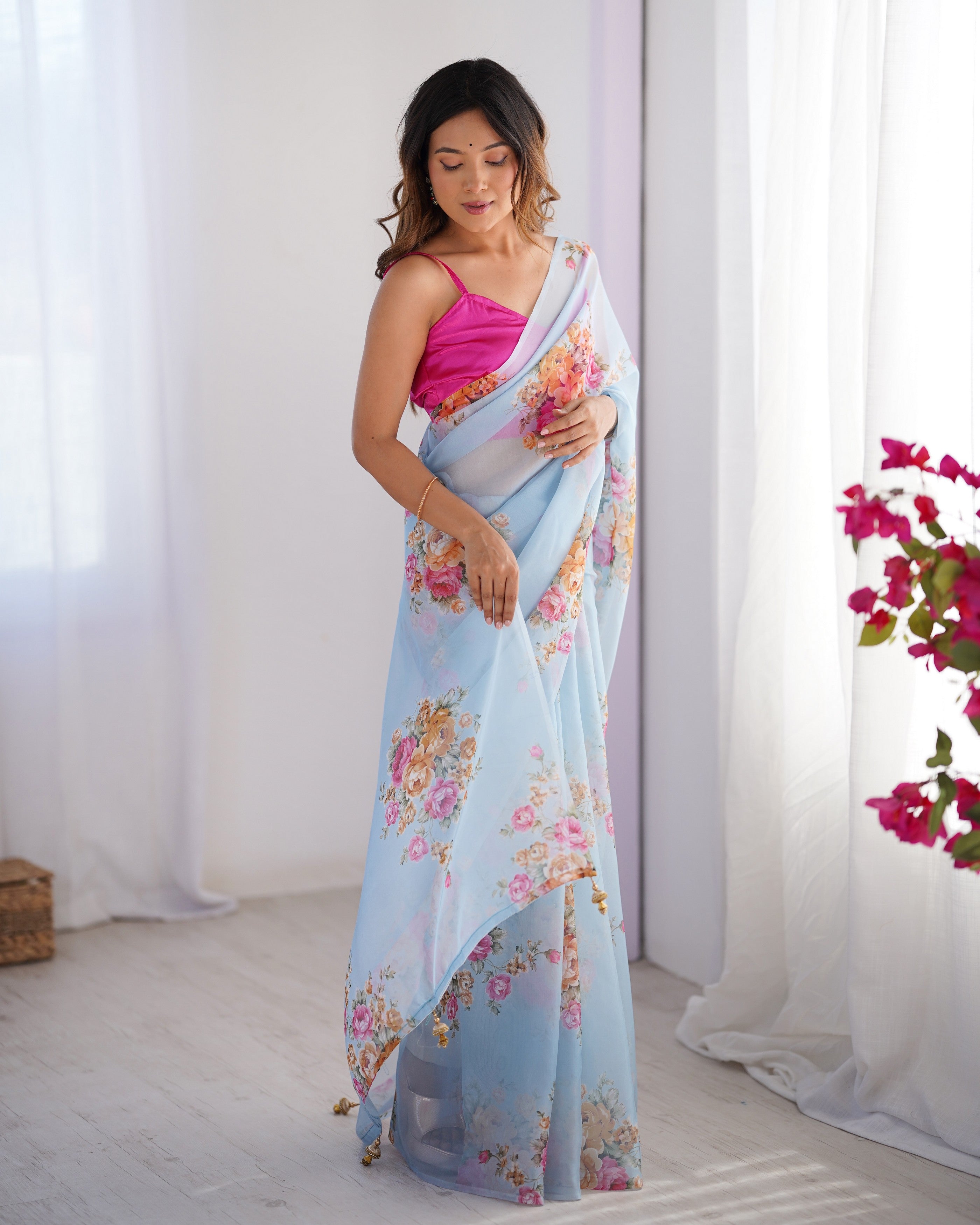 Sky Blue Organza Designer Printed Fancy Partywear Saree