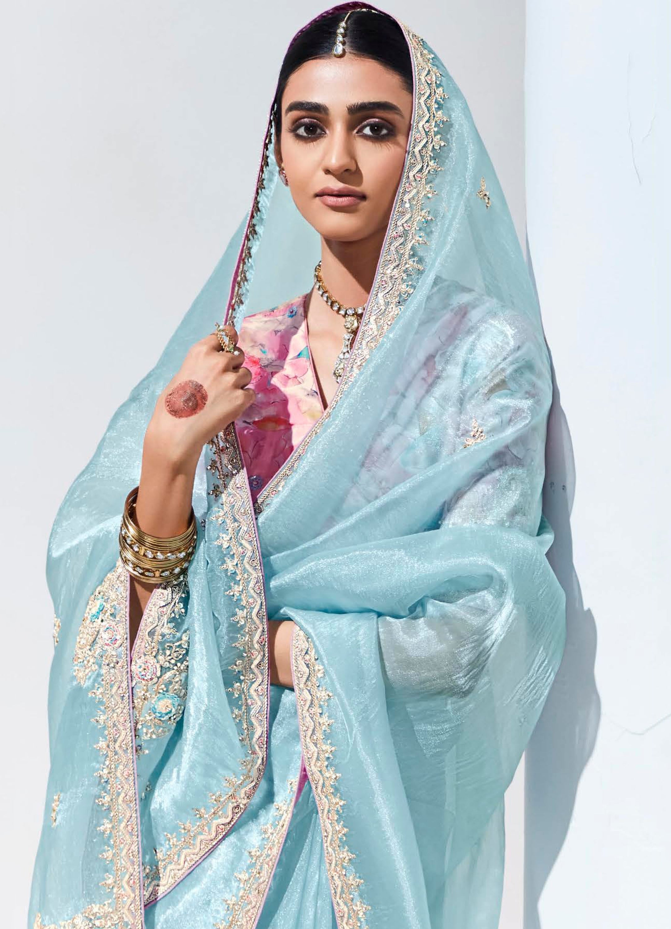 Sky Blue Organza Saree With  Thread Embroidery with Printed Blouse