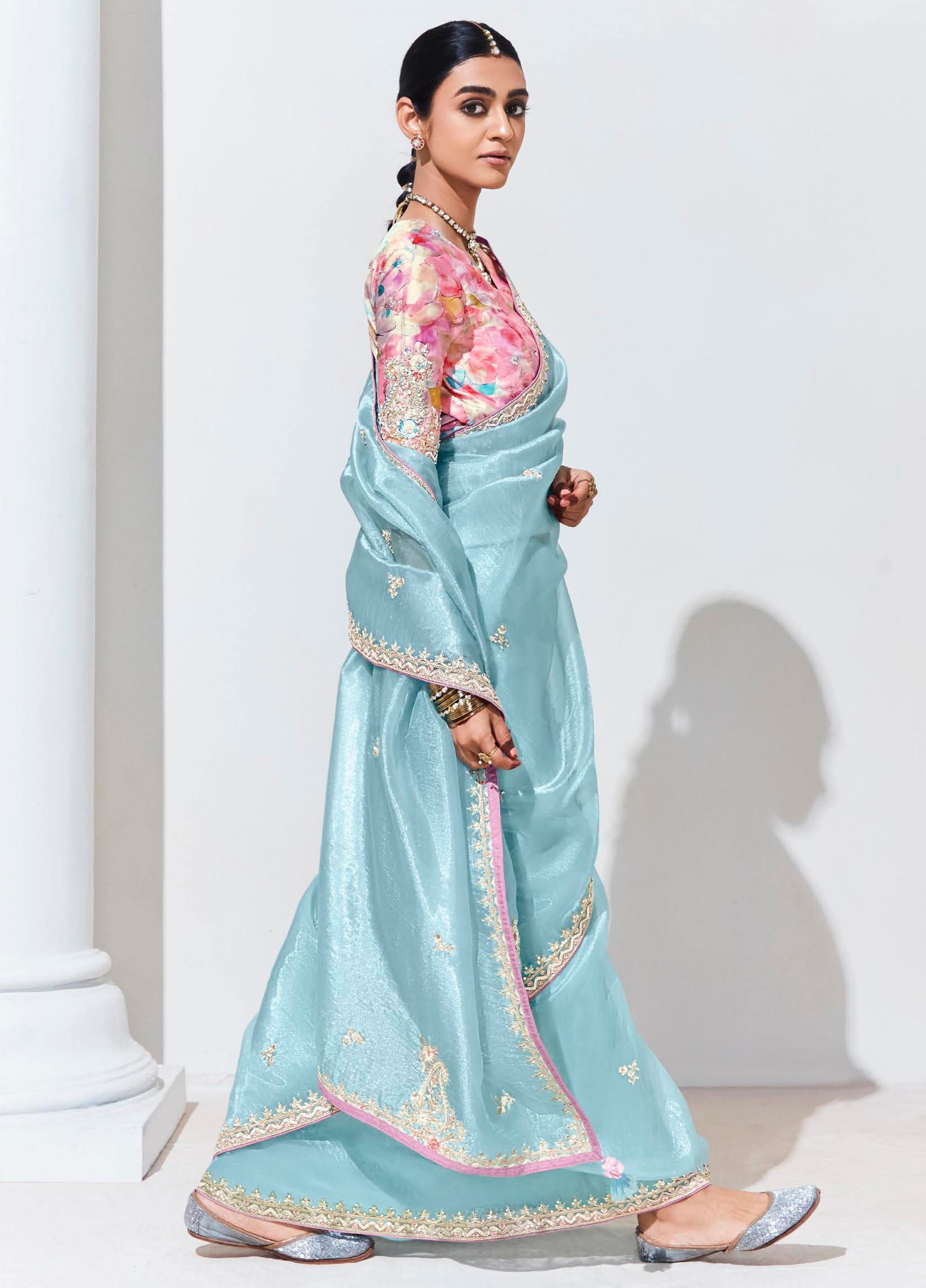 Sky Blue Organza Saree With  Thread Embroidery with Printed Blouse