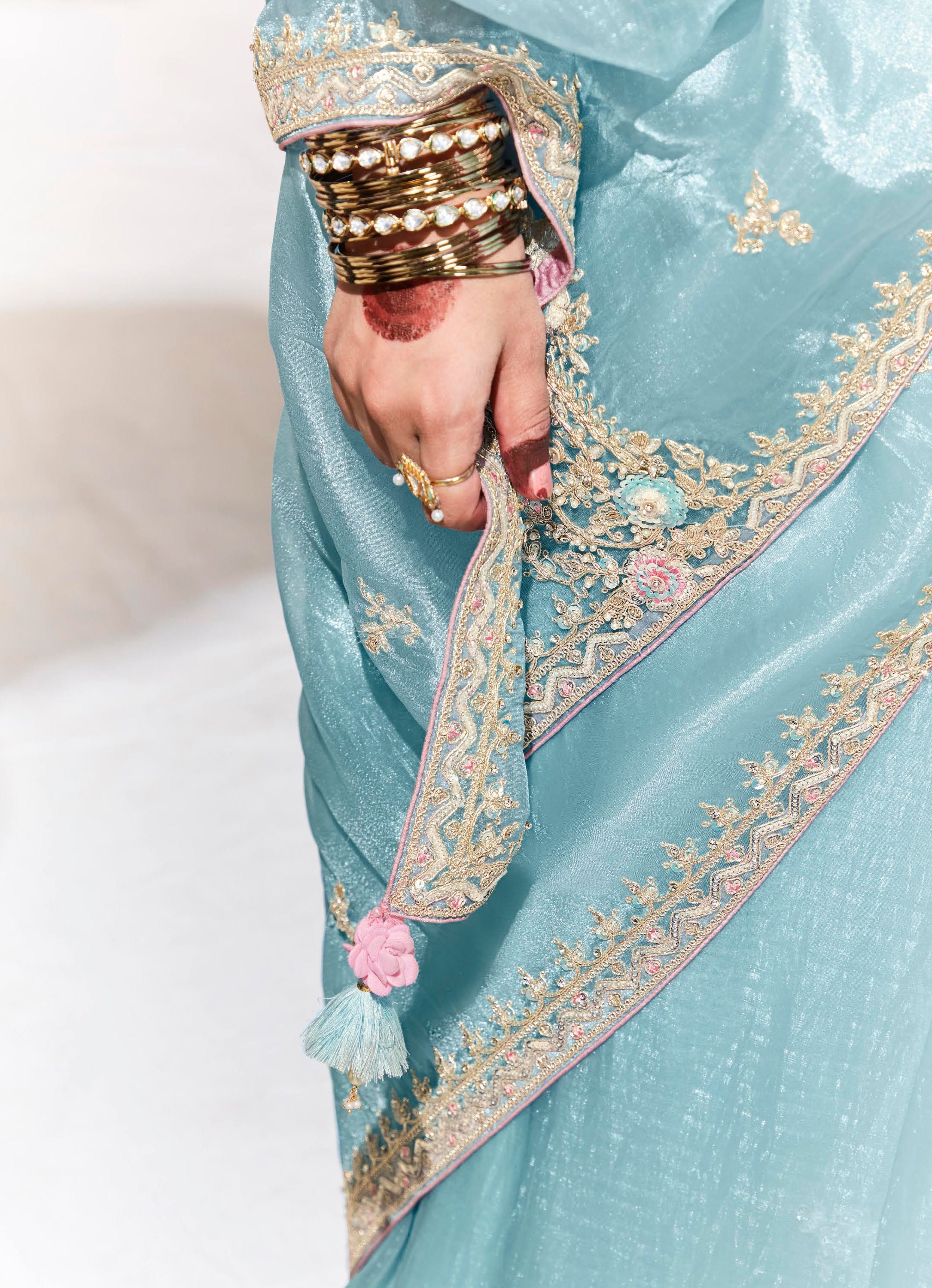 Sky Blue Organza Saree With  Thread Embroidery with Printed Blouse