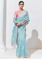 Sky Blue Organza Saree With  Thread Embroidery with Printed Blouse