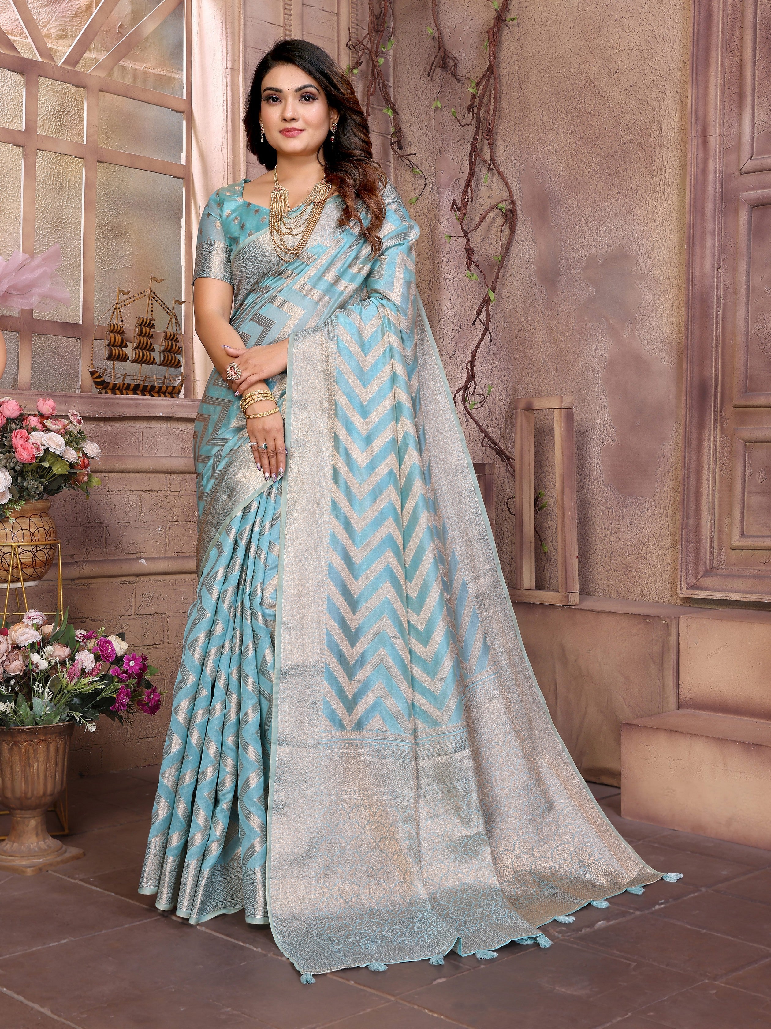Sky Blue Organza Woven Jari Designer Heavy Ceremonial Saree