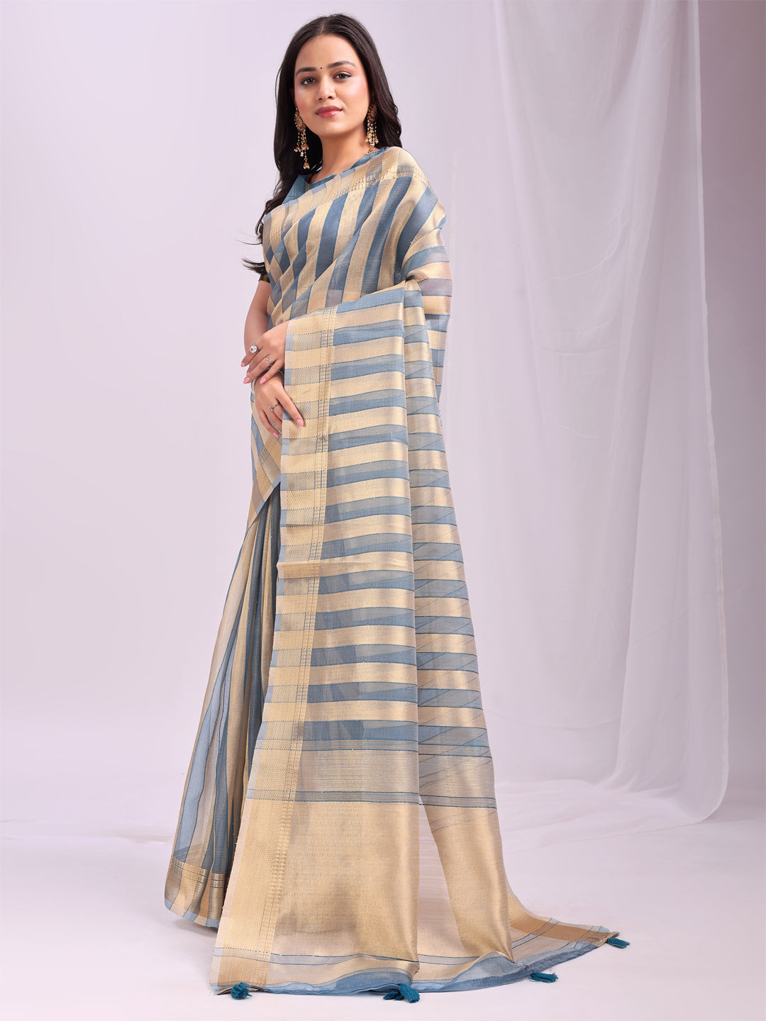 Sky Blue Organza Woven Patta Designer Trendy Ethnic Saree