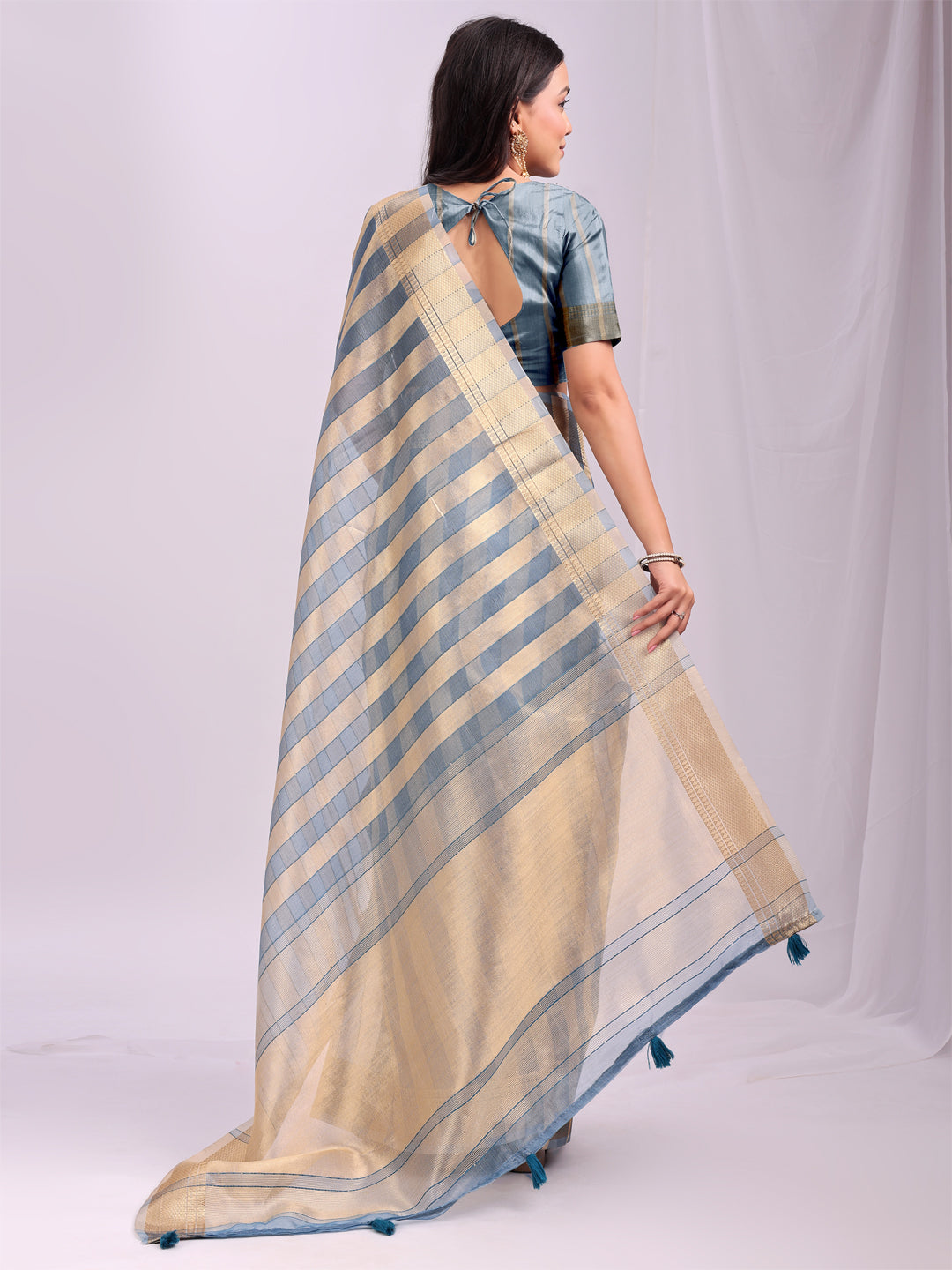 Sky Blue Organza Woven Patta Designer Trendy Ethnic Saree