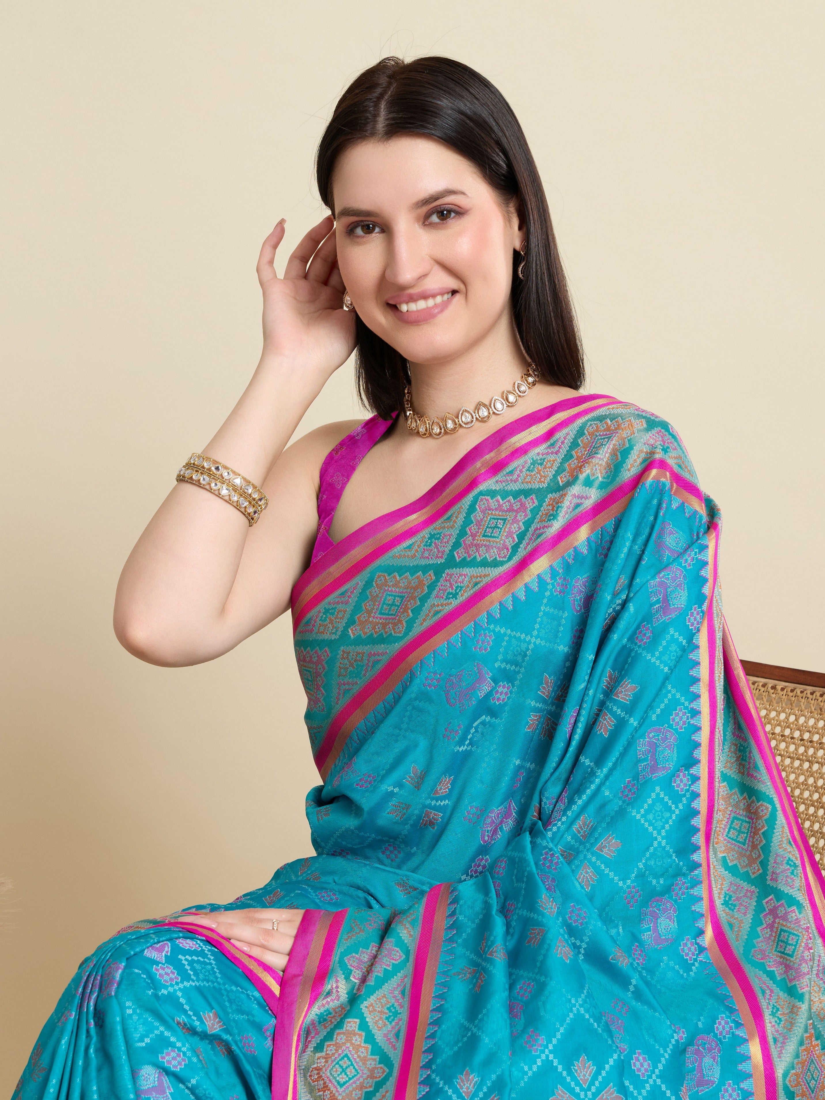 Sky Blue Patola Silk Woven Meenakari Designer Partywear Saree