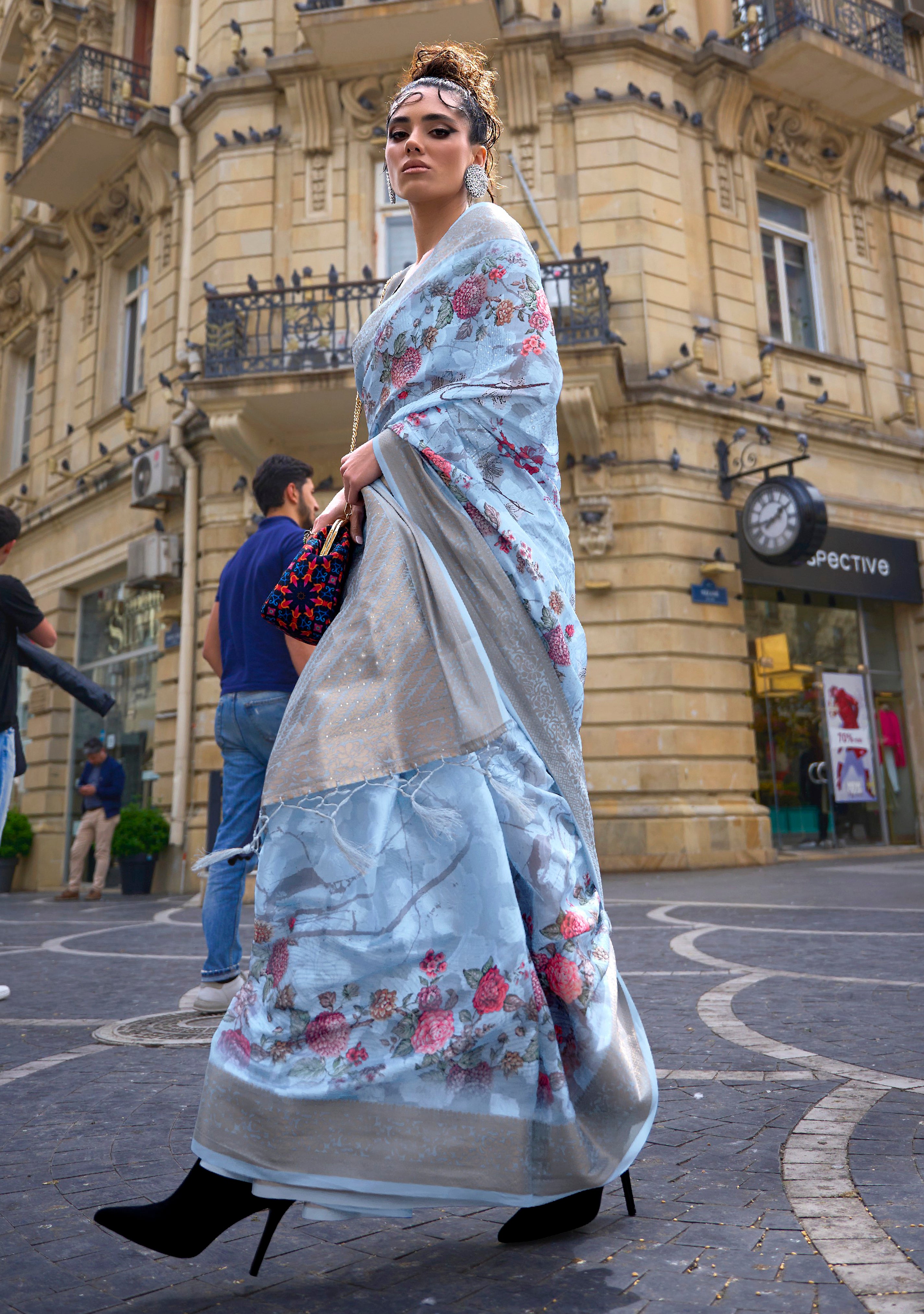 SkyBlue Poly Brasso Handloom Silk Saree With Printed Poly Brasso Handloom Waving