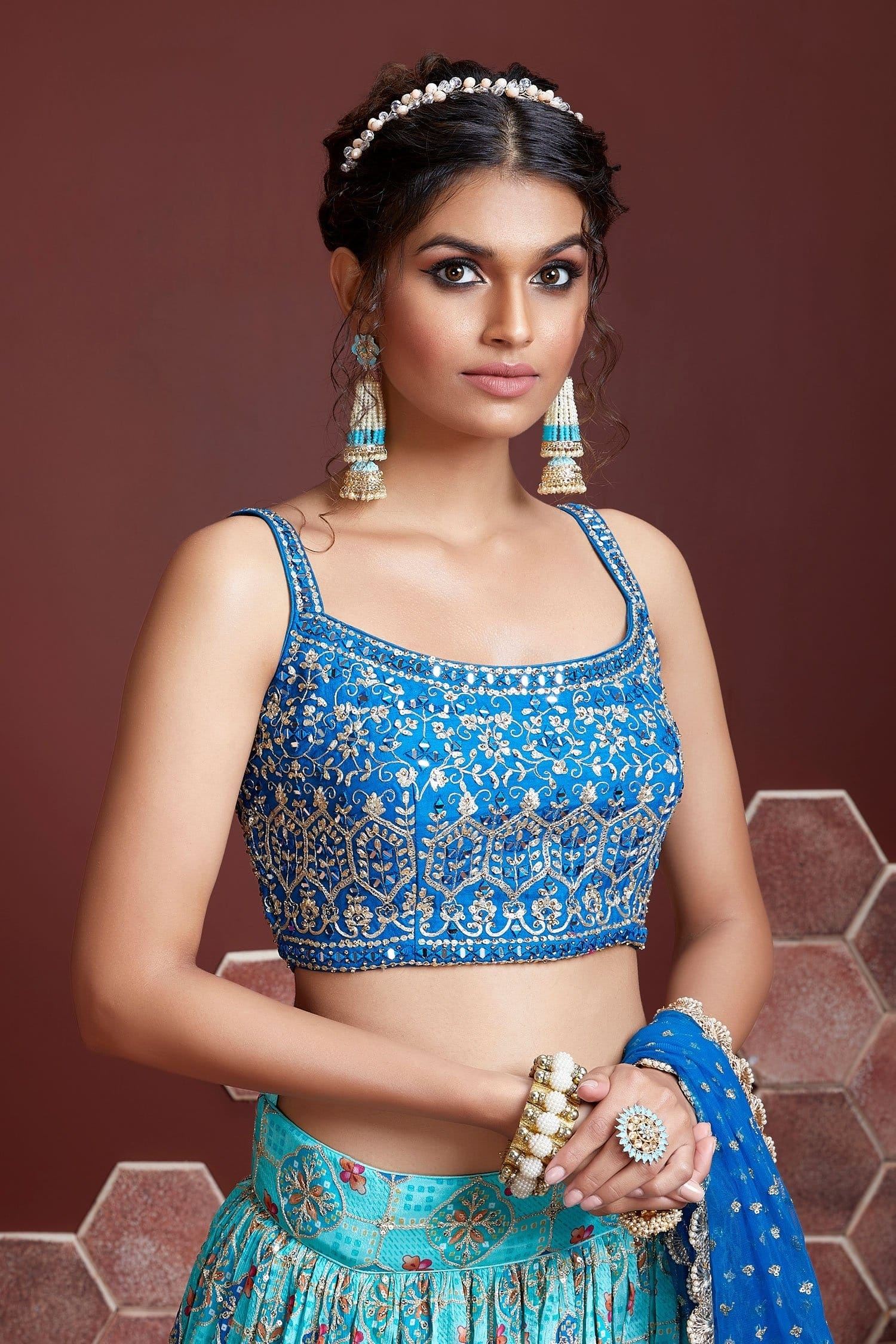Sky Blue Pure Chinnon Silk Lehenga Choli With Digital Position Print and Heavy Embroidery with Real mirror work