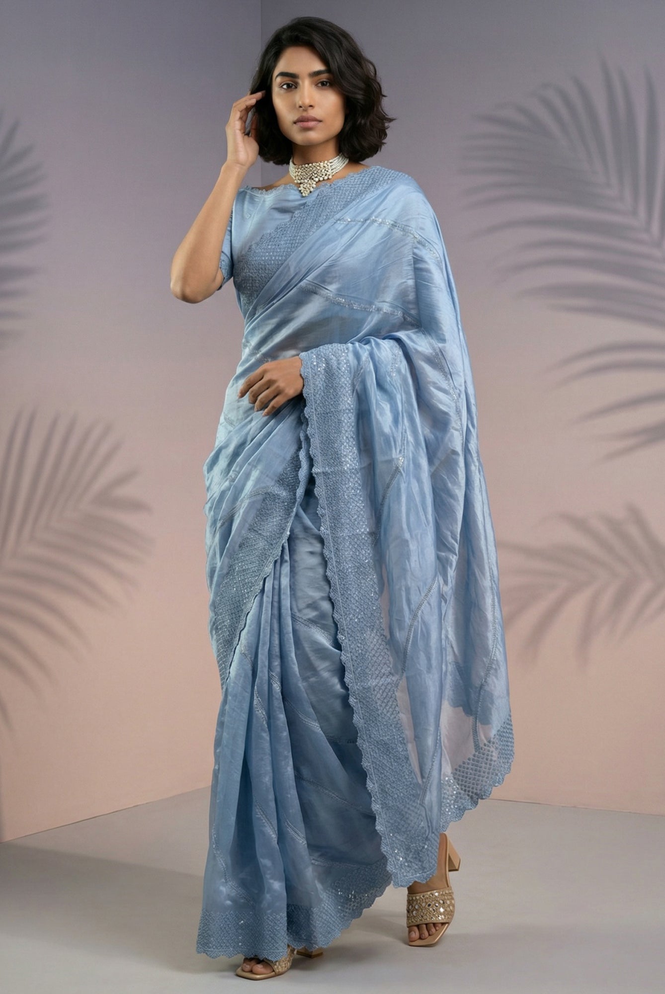 Sky Blue Rasberry Silk Saree with Thread Embroidery & Sequins Work