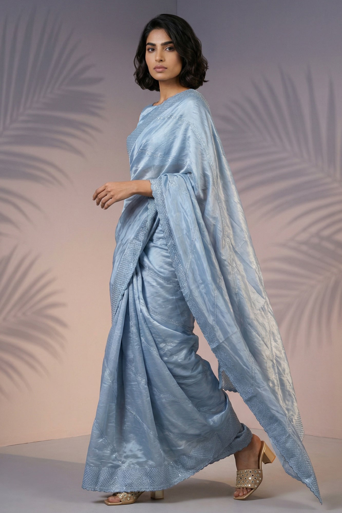Sky Blue Rasberry Silk Saree with Thread Embroidery & Sequins Work