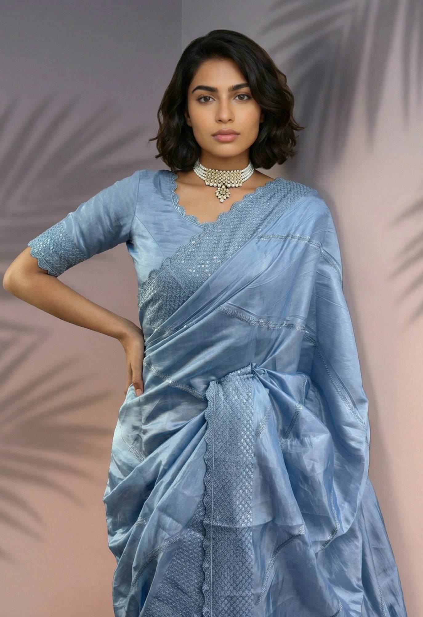 Sky Blue Rasberry Silk Saree with Thread Embroidery & Sequins Work