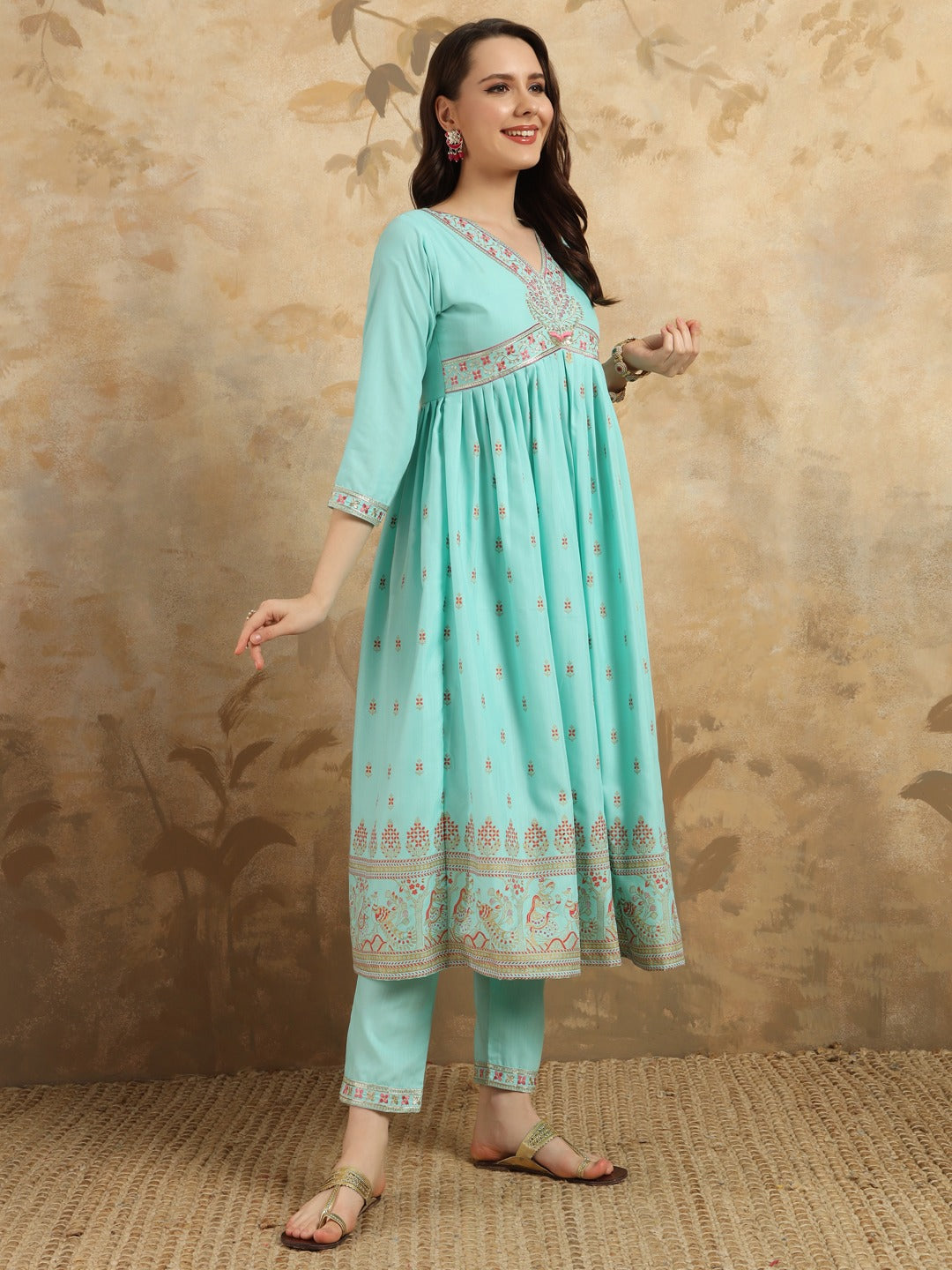 Sky Blue Rayon Slub Kurti  Heavy Thread Embroidery Work With Foil Print
