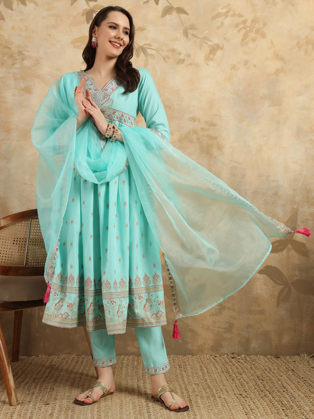 Sky Blue Rayon Slub Kurti  Heavy Thread Embroidery Work With Foil Print