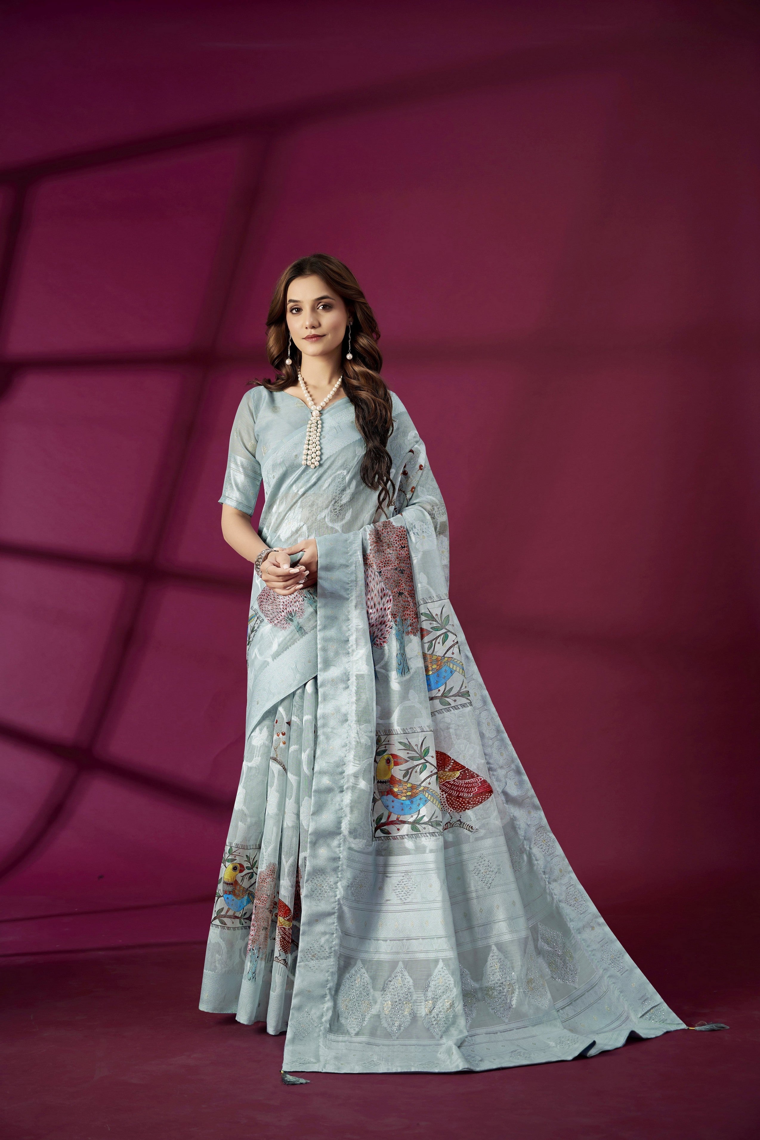Sky Blue Rich Silk Jacquard Designer Saree With Smart Ethnic Printed
