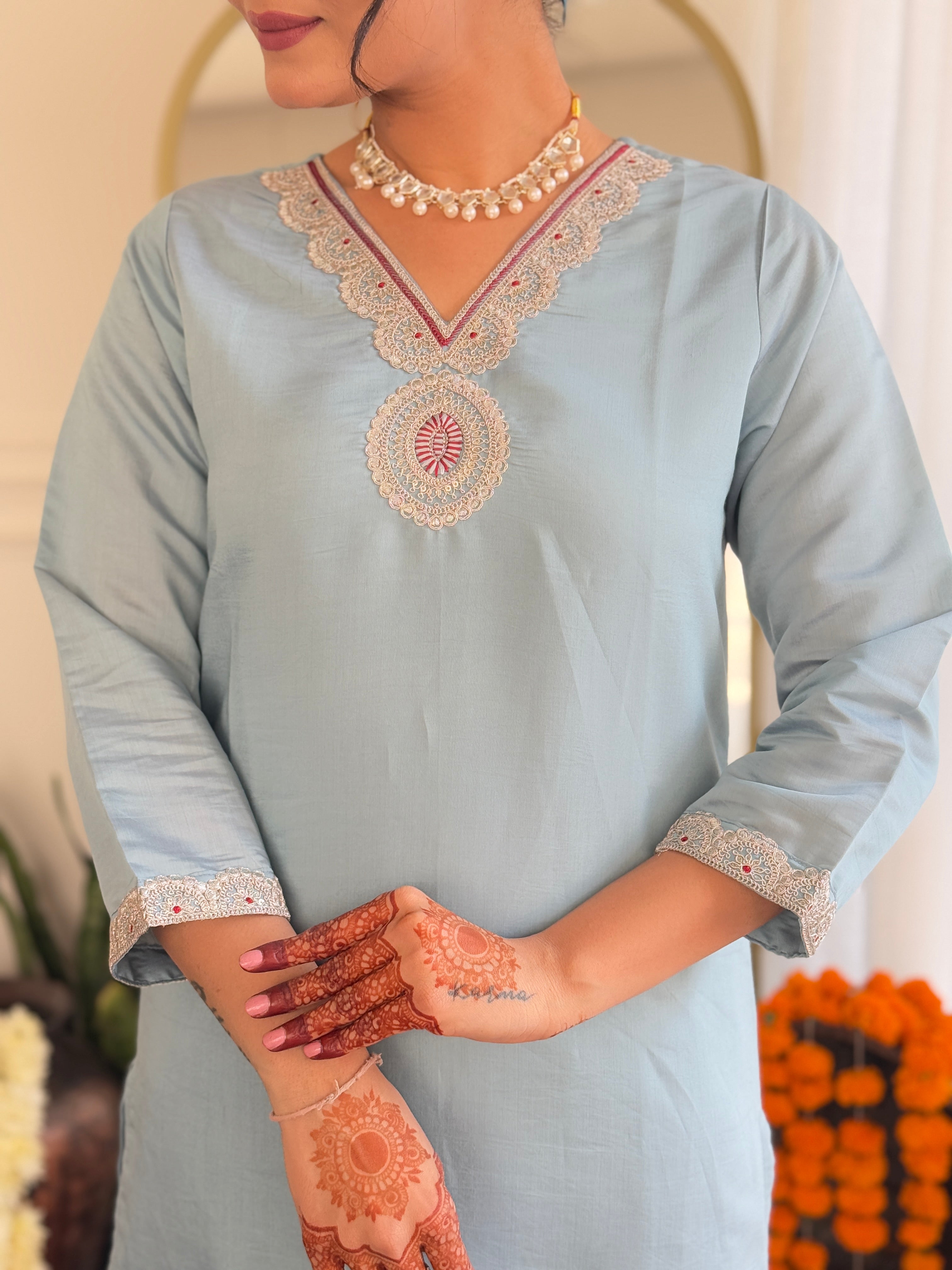 Sky Blue Roman Silk Elegant Kurta Pant Set With Embroidery Work