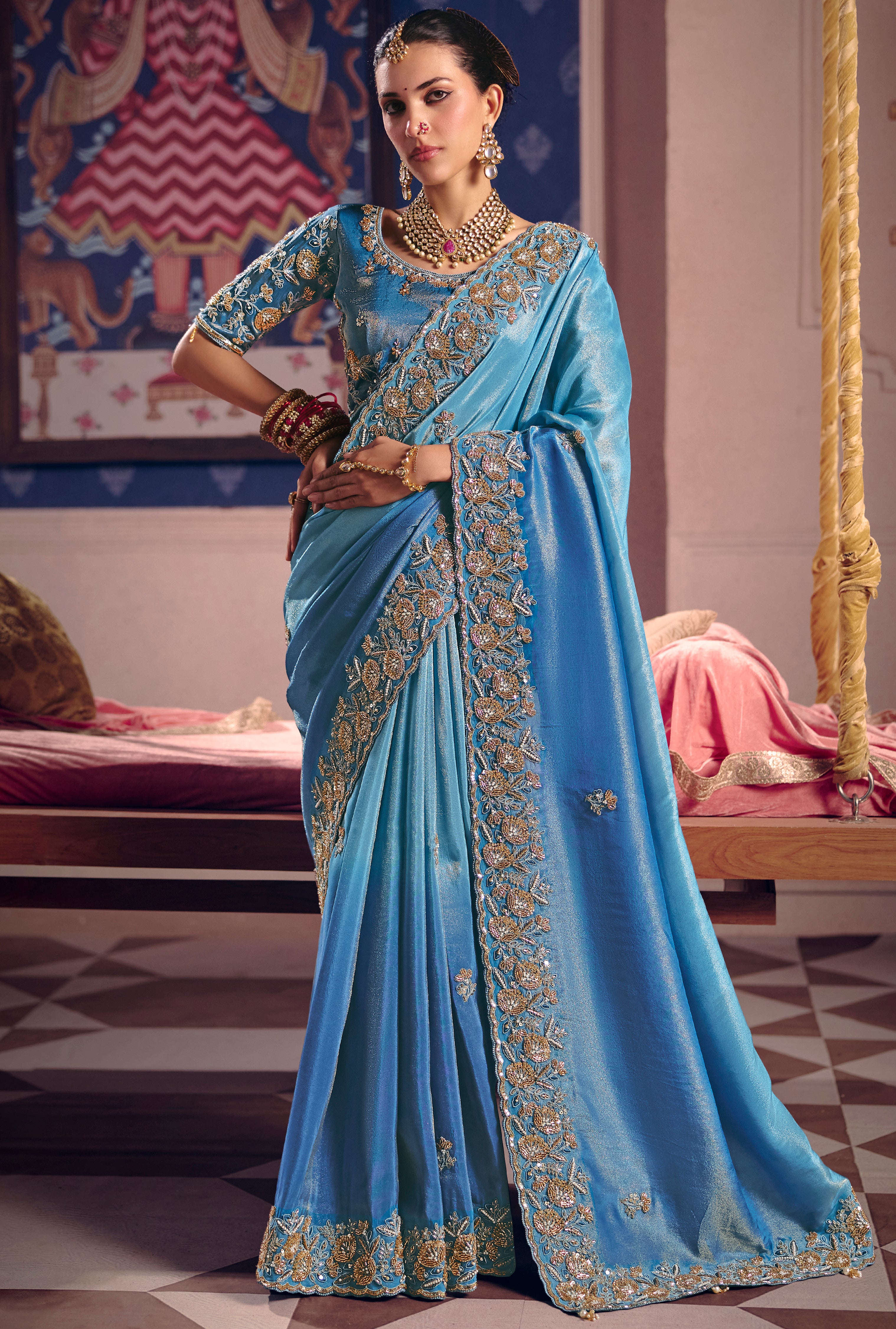 Sky Blue Saree With  Heavy Embroidery, Beads With Sequince Work
