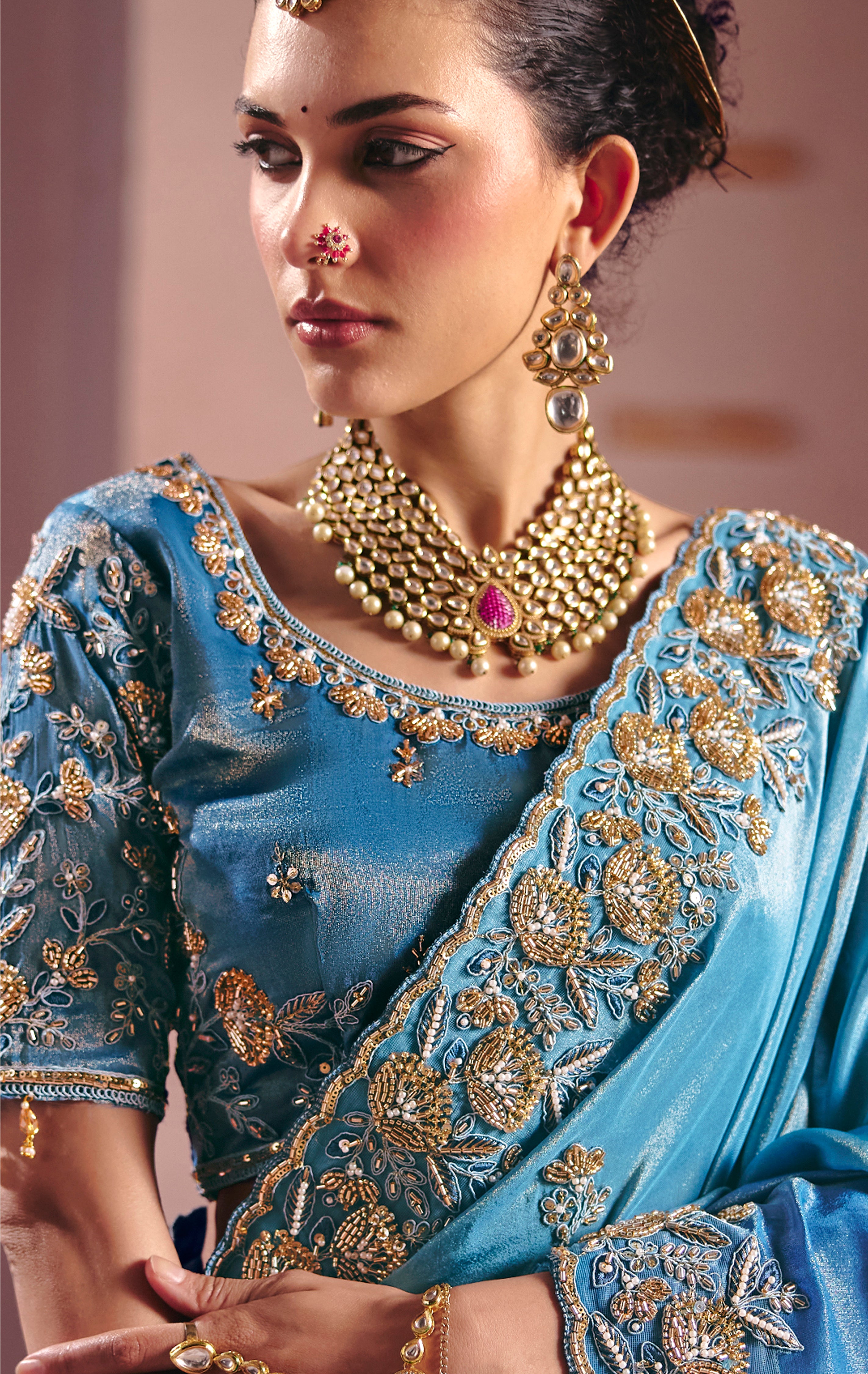 Sky Blue Saree With  Heavy Embroidery, Beads With Sequince Work