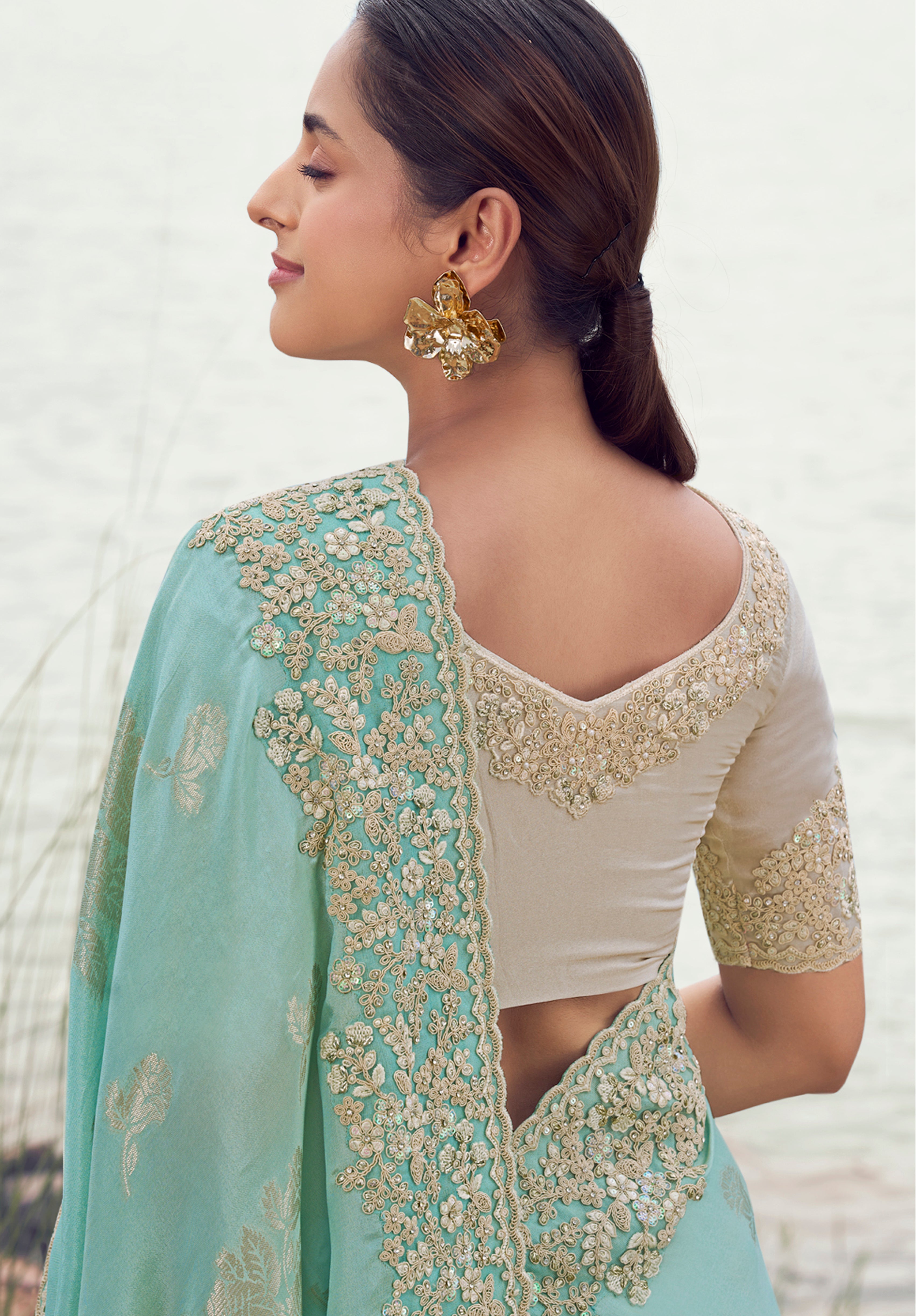 Sky Blue Saree With  Jacquard Woven With Embroidered Border & Blouse