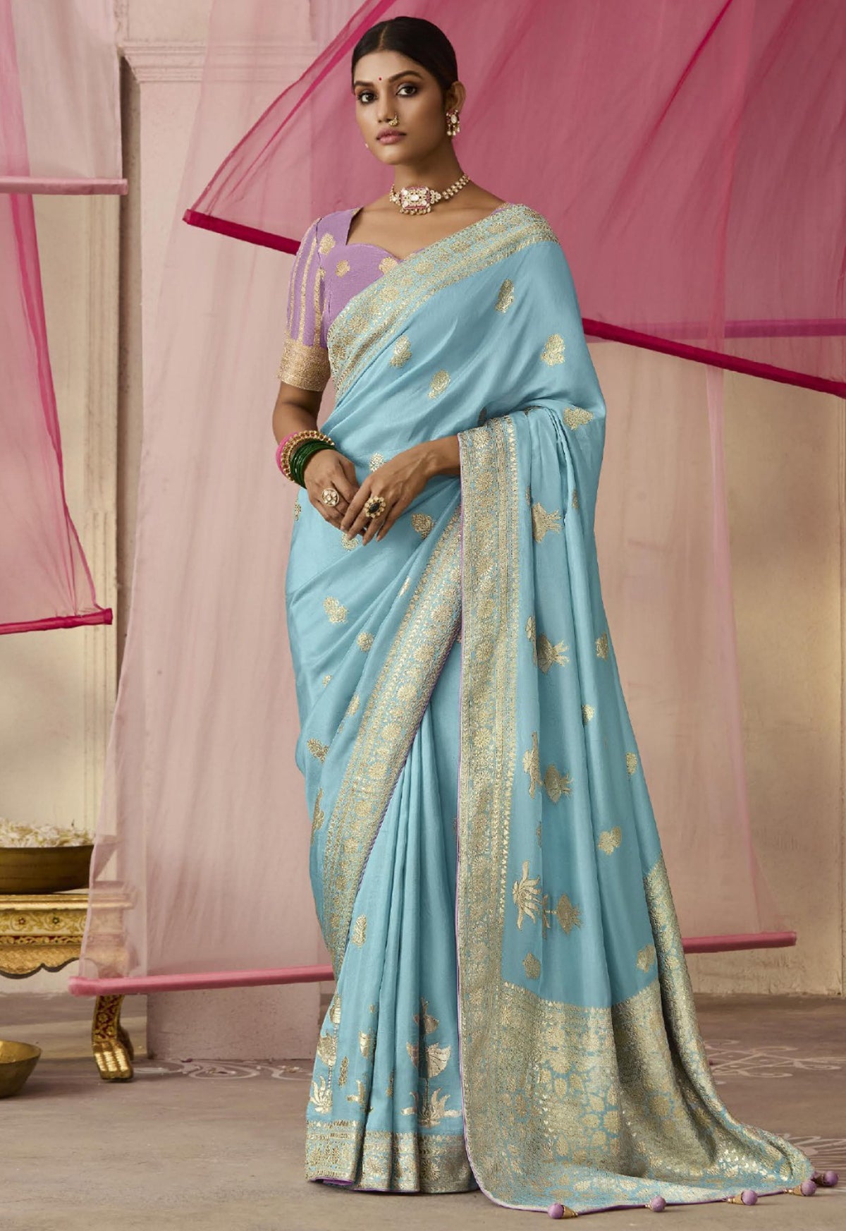 Sky Blue Saree With Jacquard Woven Work